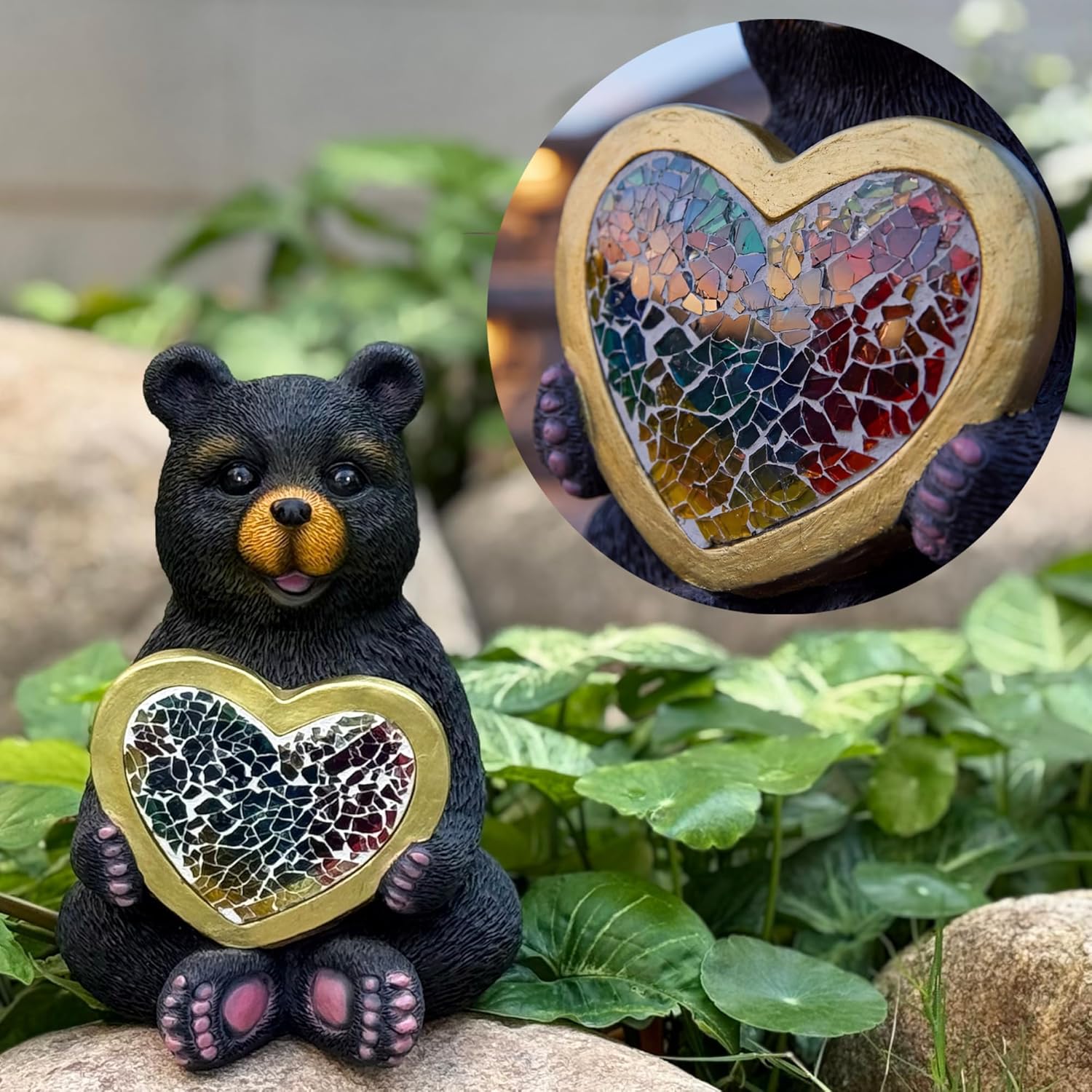 Solar Garden Sculpture: Unique Resin Black Bear Holding a Heart Outdoor Mosaic Solar Light Ideal for Gardens, patios, and courtyards Gift or Decorative piece-Black