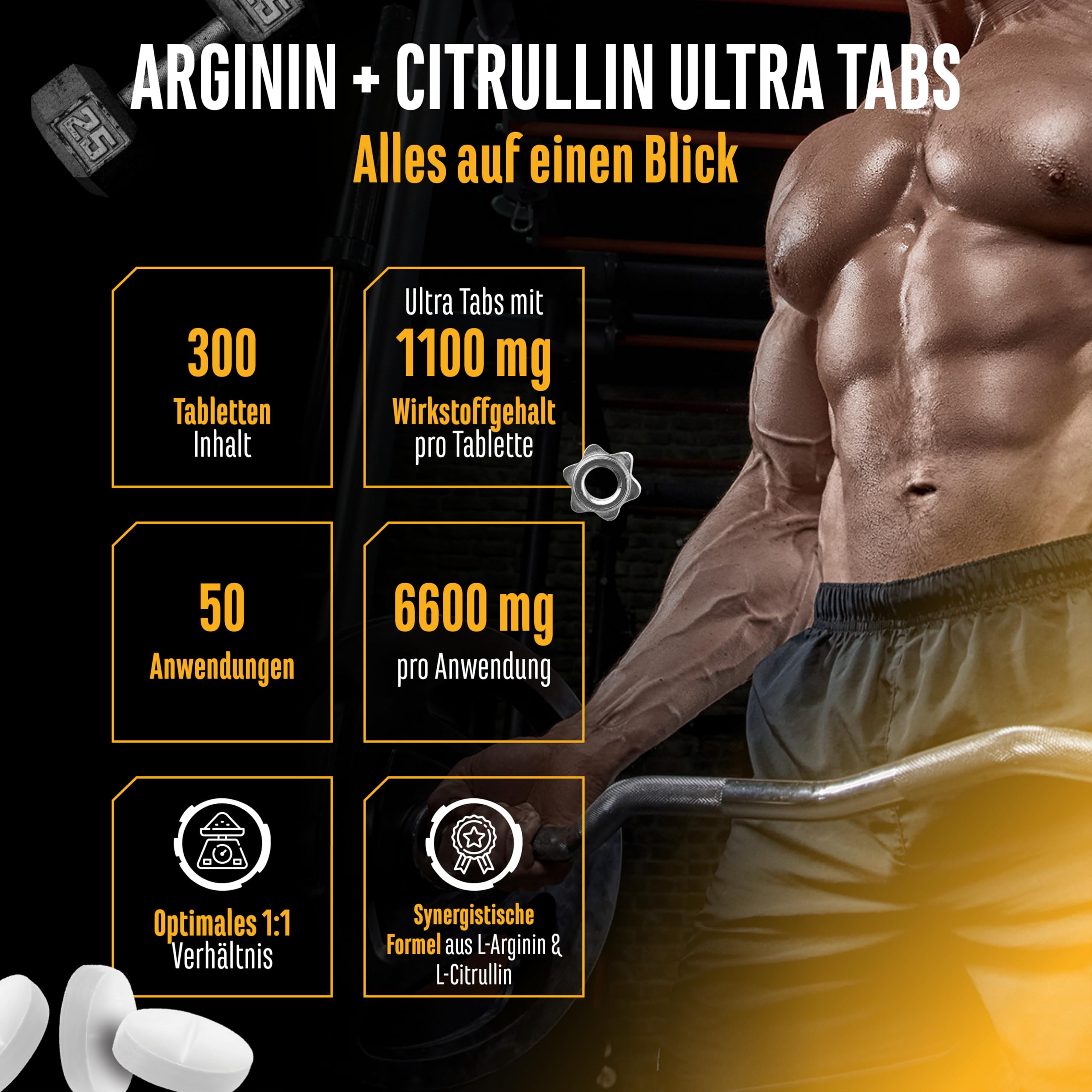 GEN GERMAN ELITE NUTRITION L-Arginin + L-Citrullin Ultra Tabs 300 Tabletten | 1100 mg, 6600 mg Tagesportion, Arginin Base, Citrullin Malat 2:1, vegan
