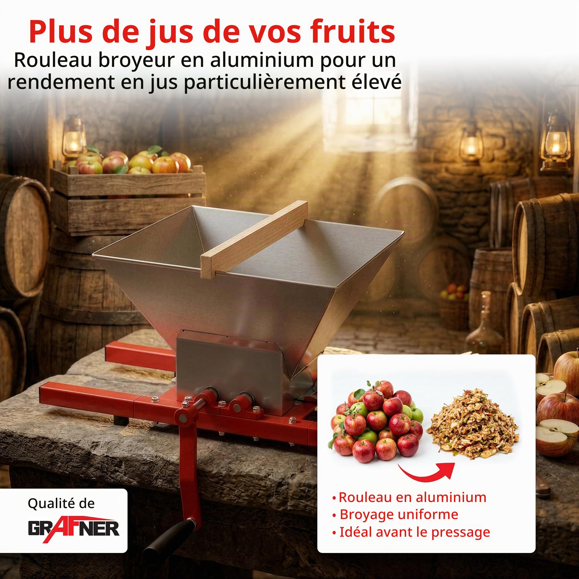 Grafner Moulin à Fruits 7 l - Modèle Massif avec manivelle - Presse-Pommes - Moulin à Baies - Presse-Fruits - Presse-Fruits