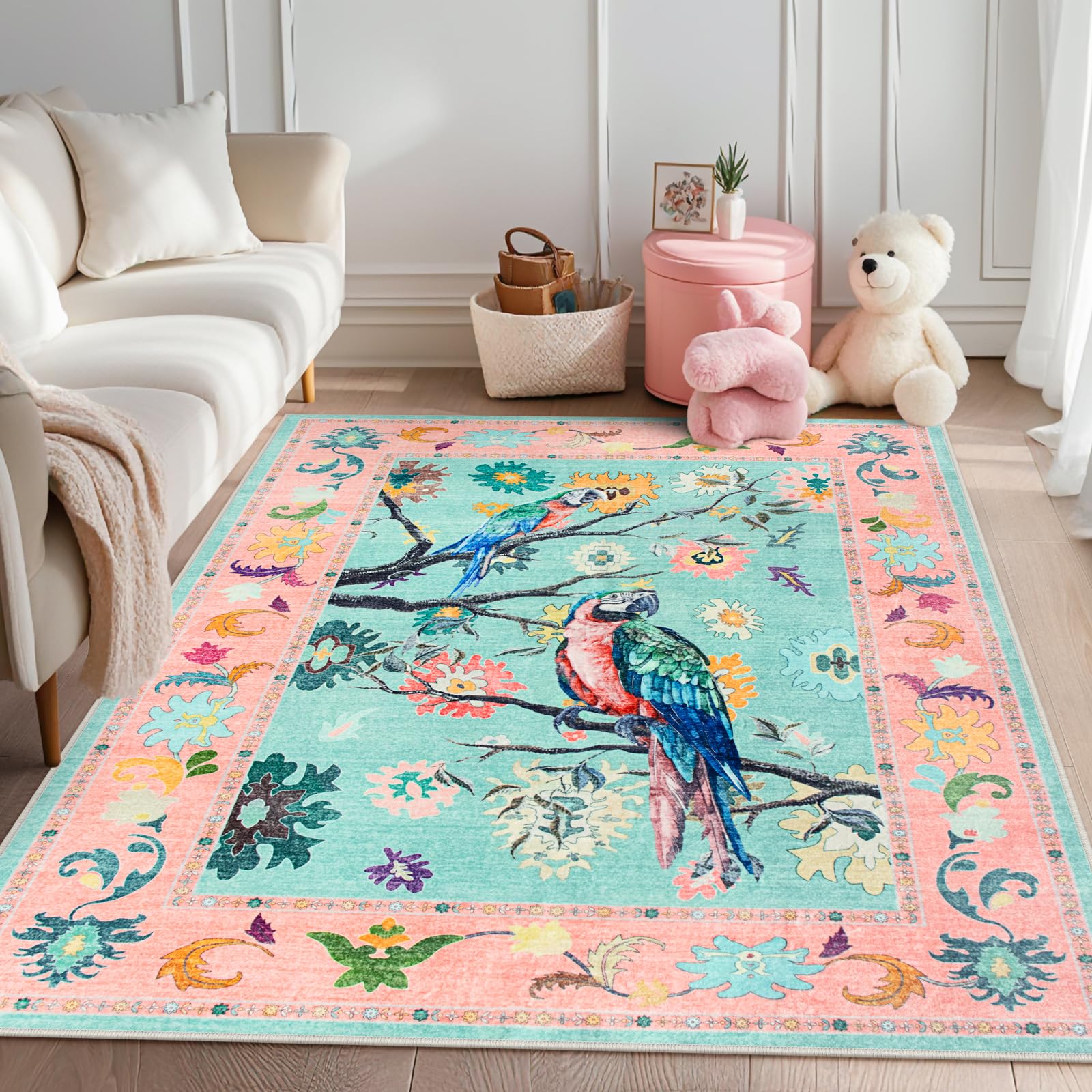 Amazon.com: Rugalia Pink Nursery Rugs for Girls Room, Parrot Botanical ...