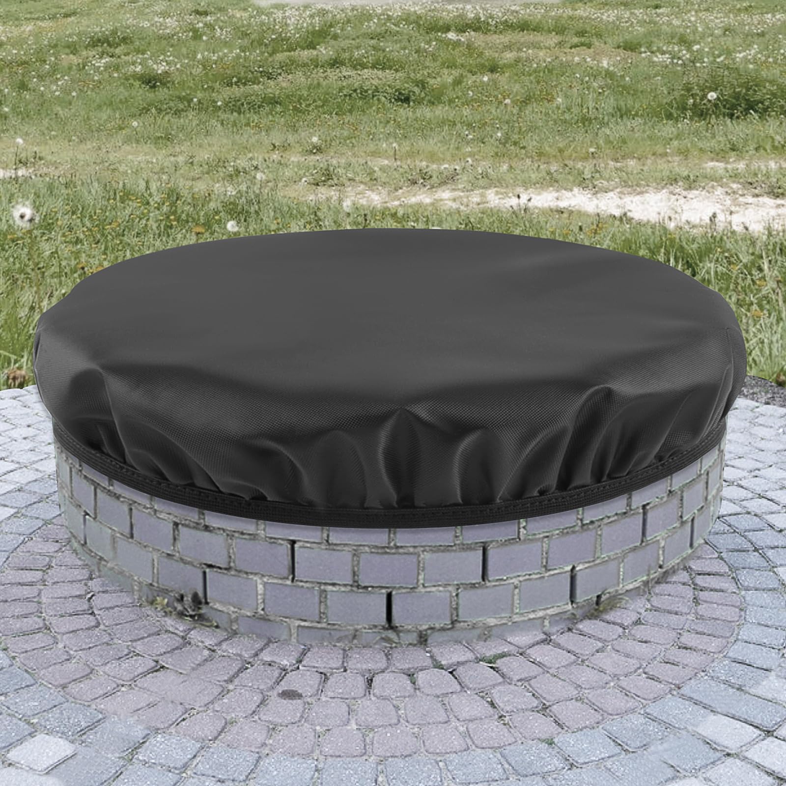 Outdoor Built In Fire Pit Cover for In-Ground Waterproof Heavy Duty 600D Oxford 52-56 Inch Large Round Built In Stone Fire Pit Cover
