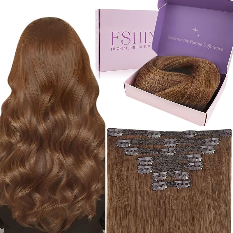 Fshine Clip in Hair Extensions Human Hair Copper Hair Extensions 18 Inch 120 g 7 pcs Color 330 Natural Straight Hair Extensions for Women Real Human Hair