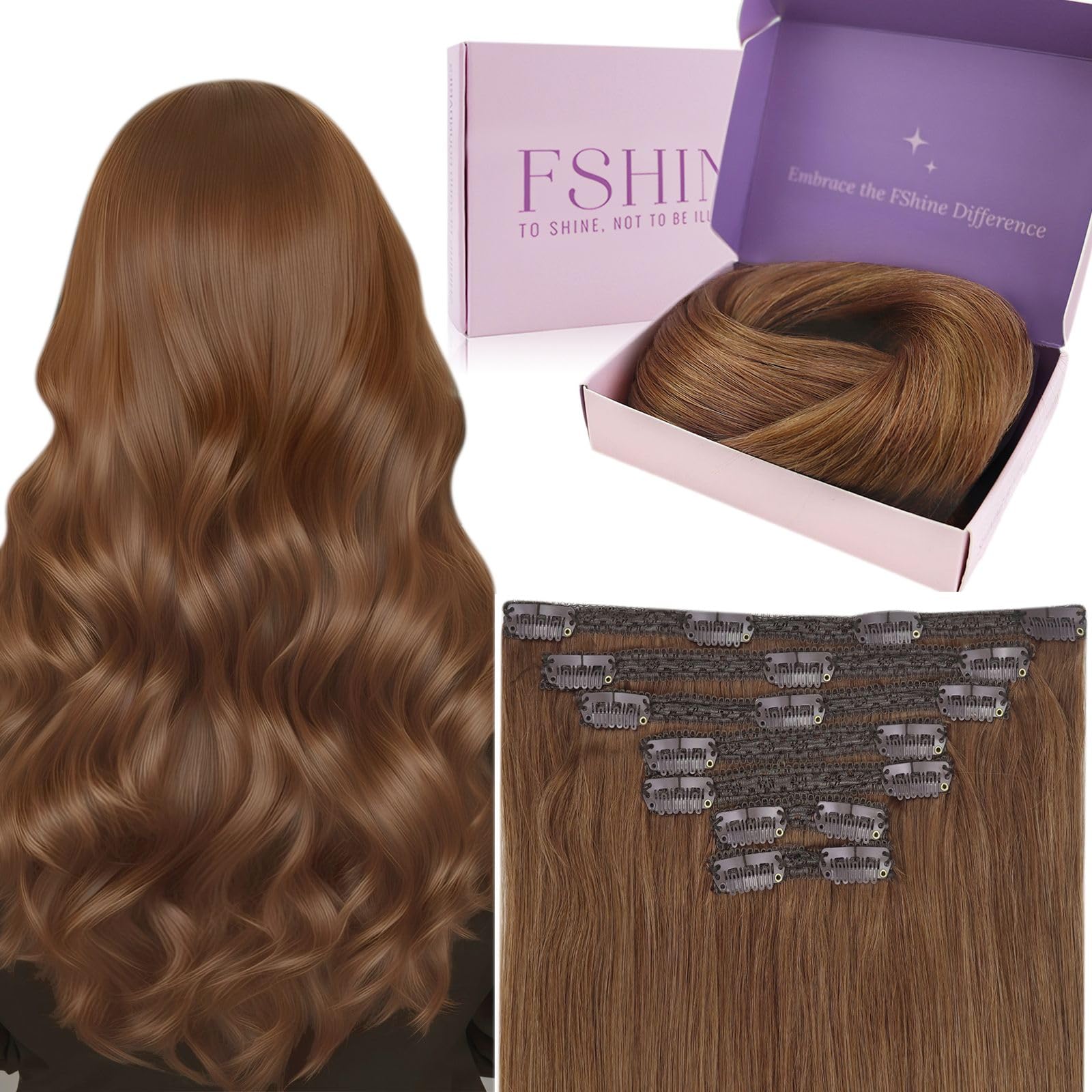 Fshine 18-inch copper clip-in human hair extensions, offering a natural blend and added volume.