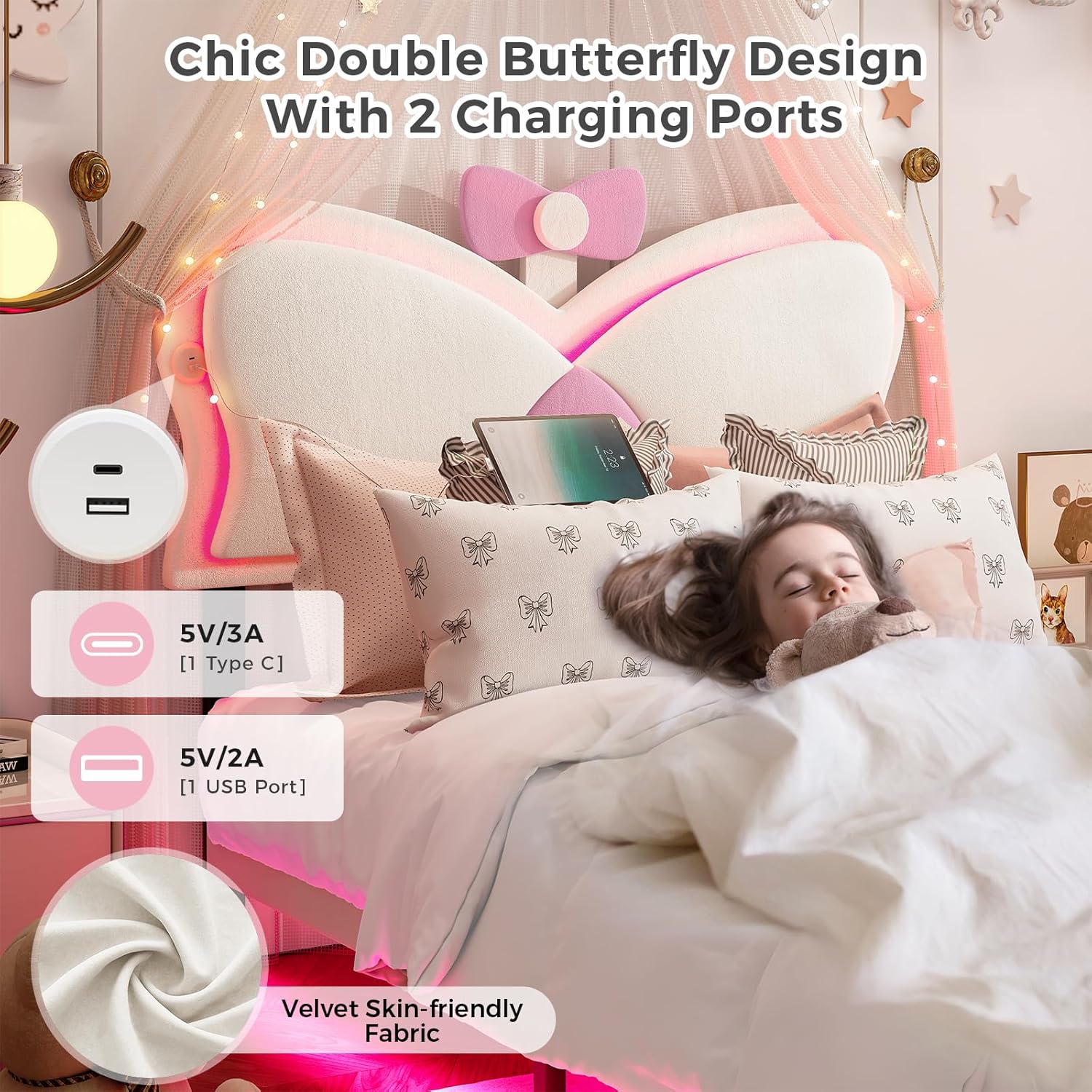 MSmask LED Twin Bed Frame with Storage Drawer and Charging Station, Bow-Tie Bed with Adjustable Double Butterfly Headboard, Upholstered Bed for Girls/Kids, No Box Spring Needed