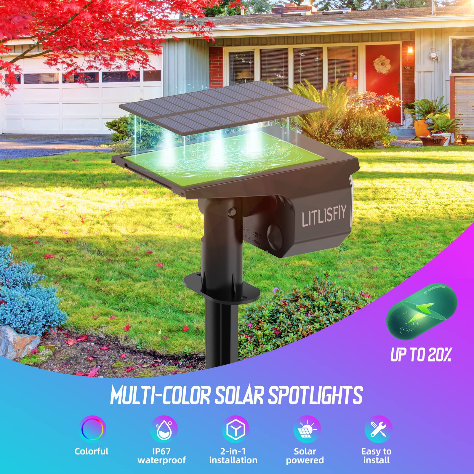 LITLISFlY Solar Color Changing Lights Outdoor Landscape Lights, 50 LEDs Multi-Color RGB Solar Spot Lights Outdoor, IP67 Waterproof 2-in-1 Auto On/Off Spotlight for Decorations, 2pack