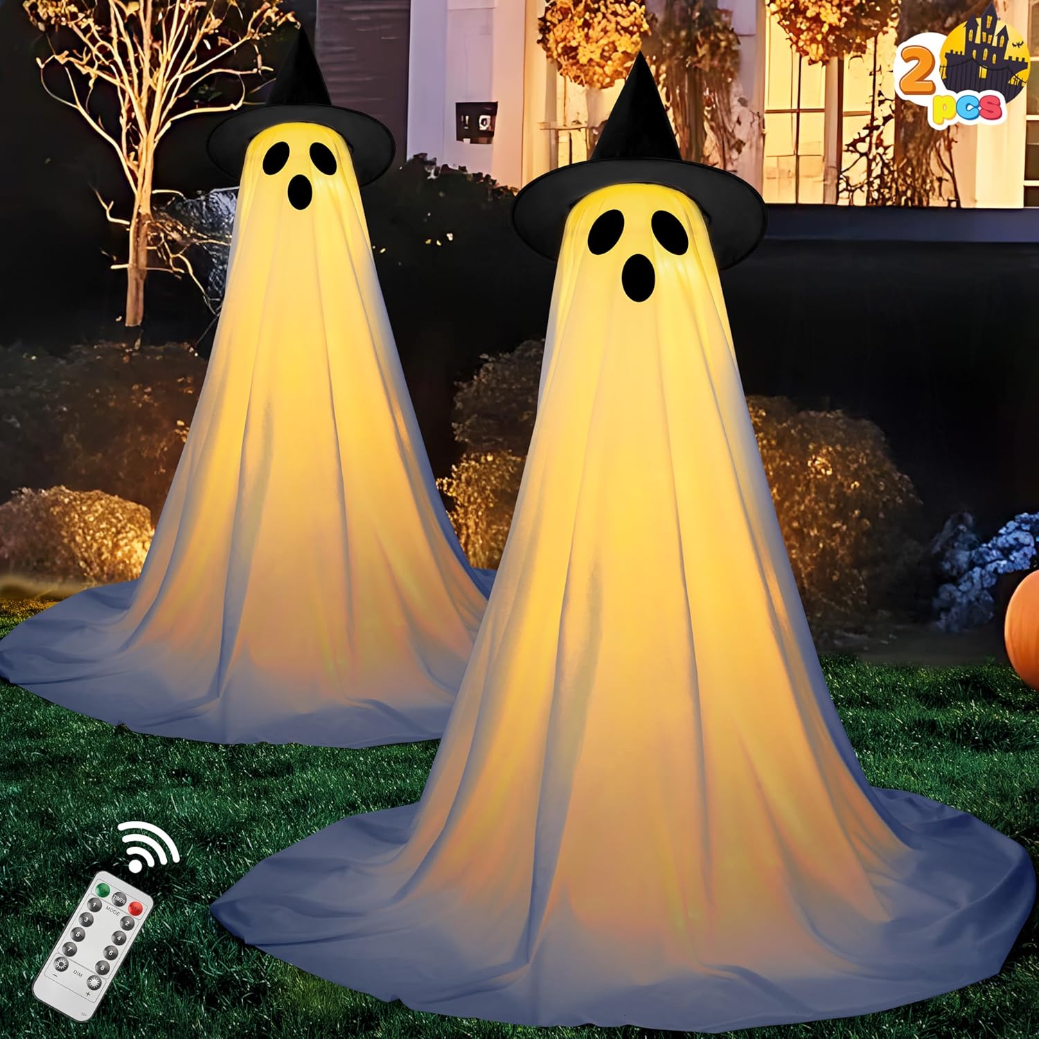 JOYIN 2 Packs 47'' Halloween Decorations Outdoor Standing Ghost, Light Up Spooky Ghost with Witch Hat & Remote Control, Glowing Halloween Decor for Yard Porch Lawn Garden Party Supplies Haunted House Standing Ghost with Hat