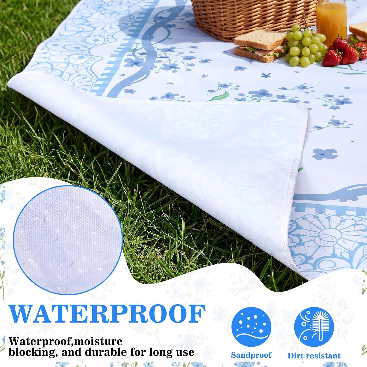 Qinyoung Floral Extra Large Picnic Blanket 79''x79'' Blue Waterproof Foldable Blankets Sandproof Picnic Mat for Beach Spring Camping Grass Lawn Park Cute Couple Gifts Ideas Wedding Registry