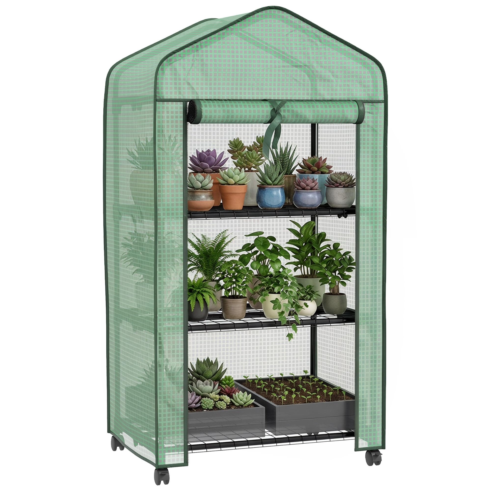 Outsunny 3 Tier Mini Greenhouse with Reinforced PE Cover and Wheels, Portable Small Greenhouse with Roll-up Door and Wire Shelves, 130H x 69W x 49D cm, Green