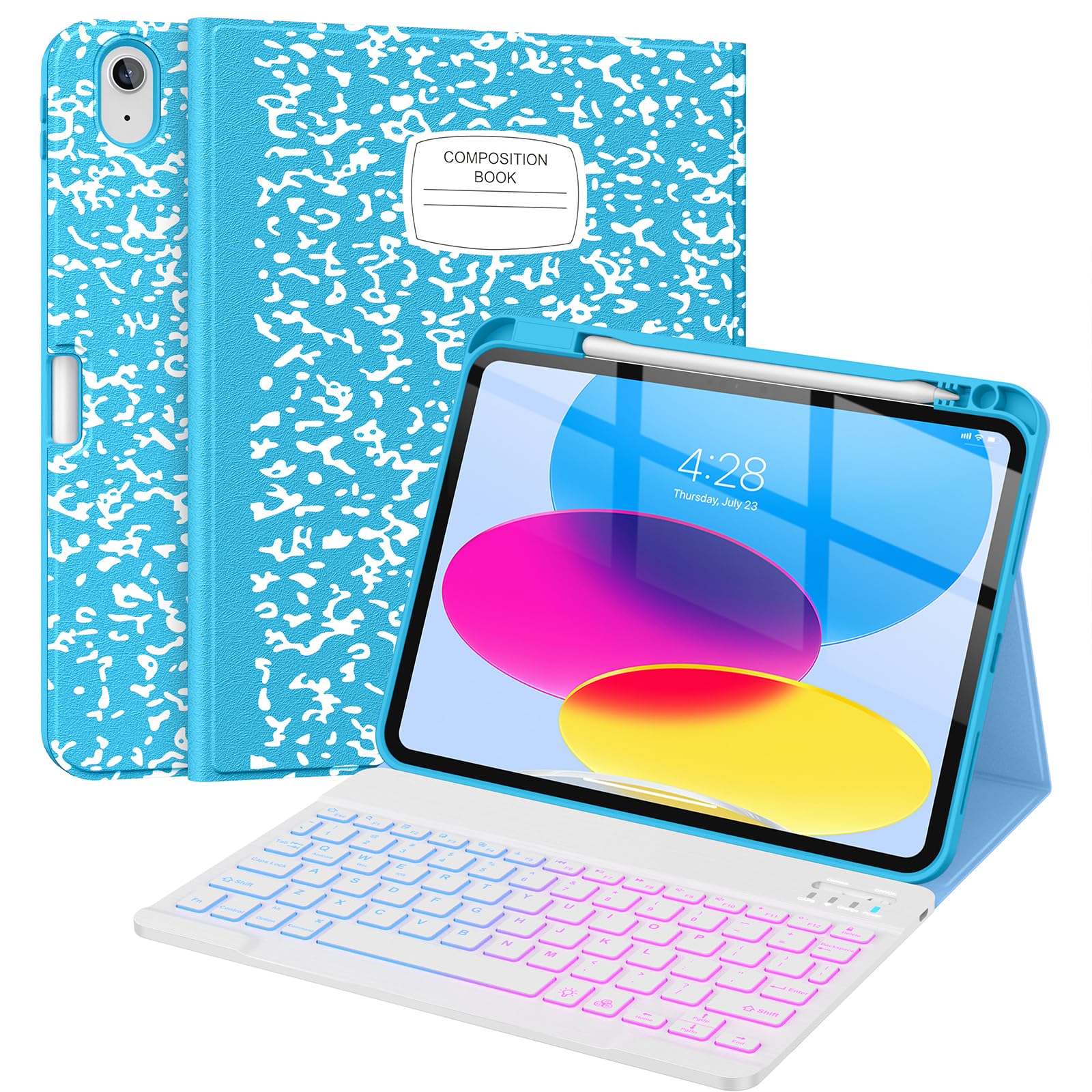 Supveco Keyboard Case for iPad (A16) 11th/10th Generation 11&10.9 Inch with Pencil Holder,7 Colors Backlit Wireless Detachable Folio Keyboard Cover for iPad 11th/10th Gen 2025/2022-Sky Blue