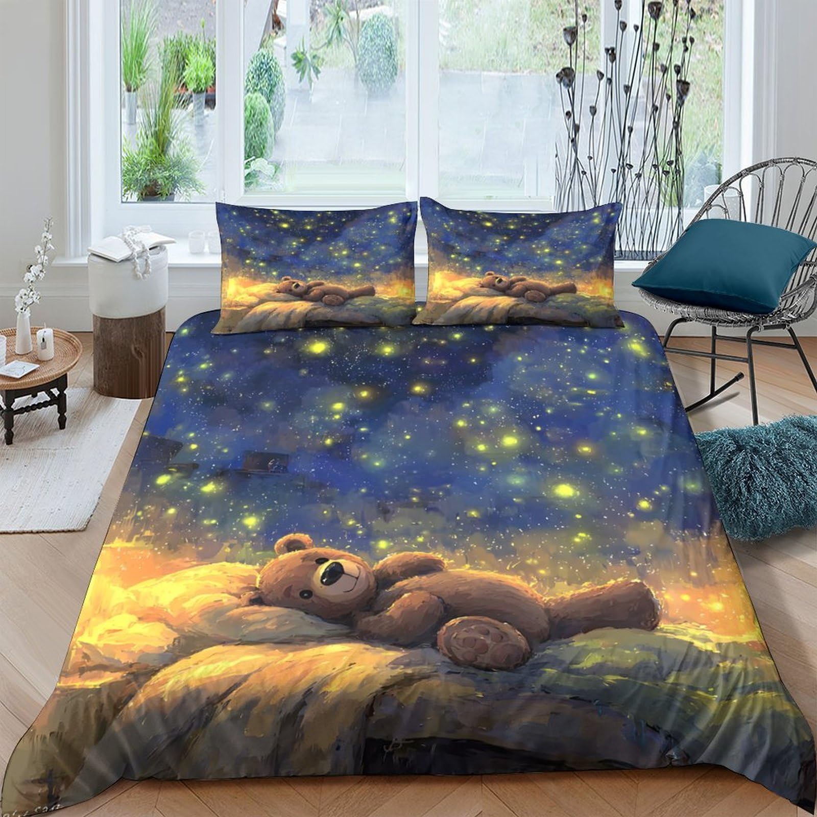 Ctjqhvkz Style-4 3D Printed Dreamy Teddy Bear Night Fitted Sheet Microfiber Soft Starry Sky Bed Cover For Bedroom Guest Room Decor Single（135X200cm）