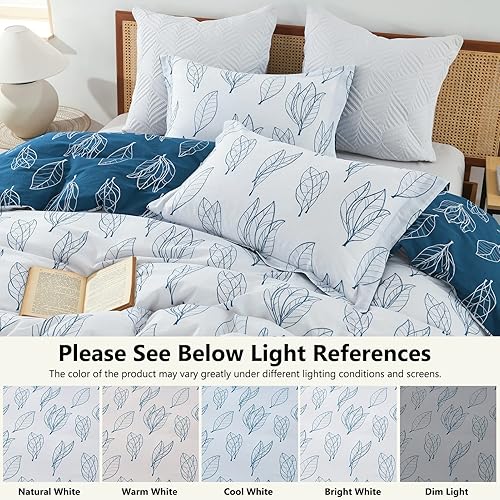 Miniatura 5 de Bedduvit Funda de edredón de algodón tamaño Queen, 100% algodón, funda de edredón botánica azul, 3 piezas, con cierre de cremallera y 8 lazos (90 x
