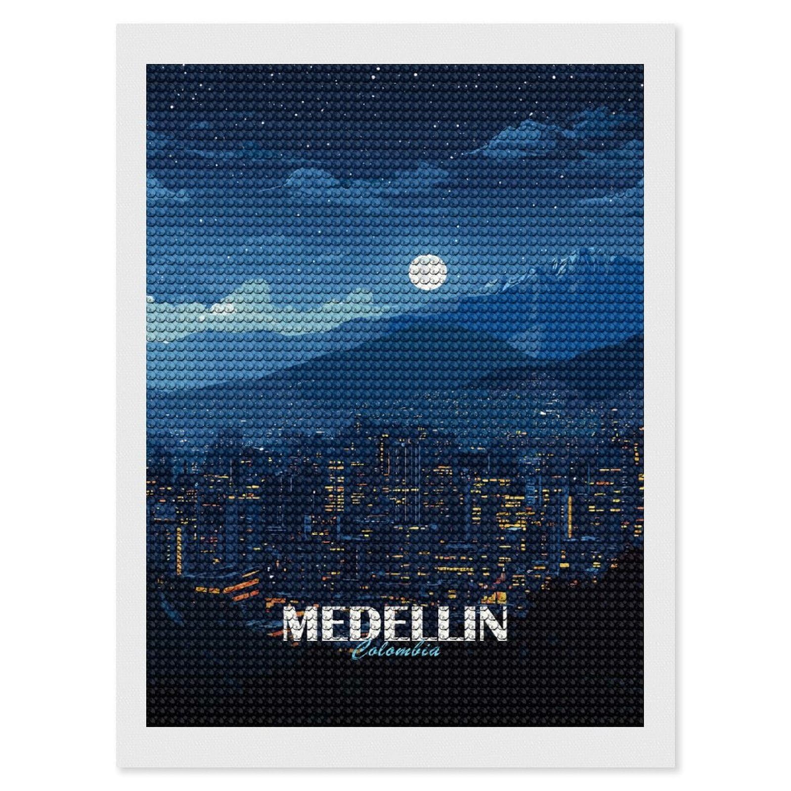 Junmoney Medellin Colombia Night Cityscape Round Drill Diamond Painting 12"x16", Handmade Wall Decor, Modern Decor, Aesthetic Room Decor, Easy Craft Set