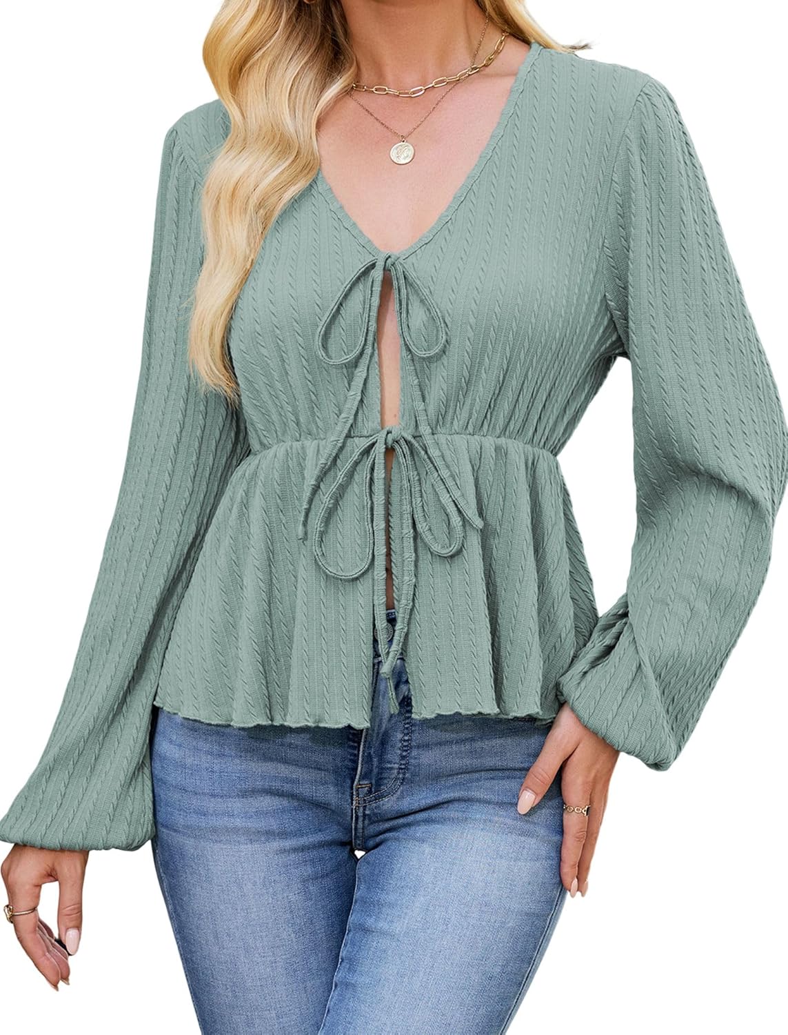 ZAFUL Women's Fall V Neck Knit Top Long Sleeve Texture Tie Front Shirts Blouse - Image 2