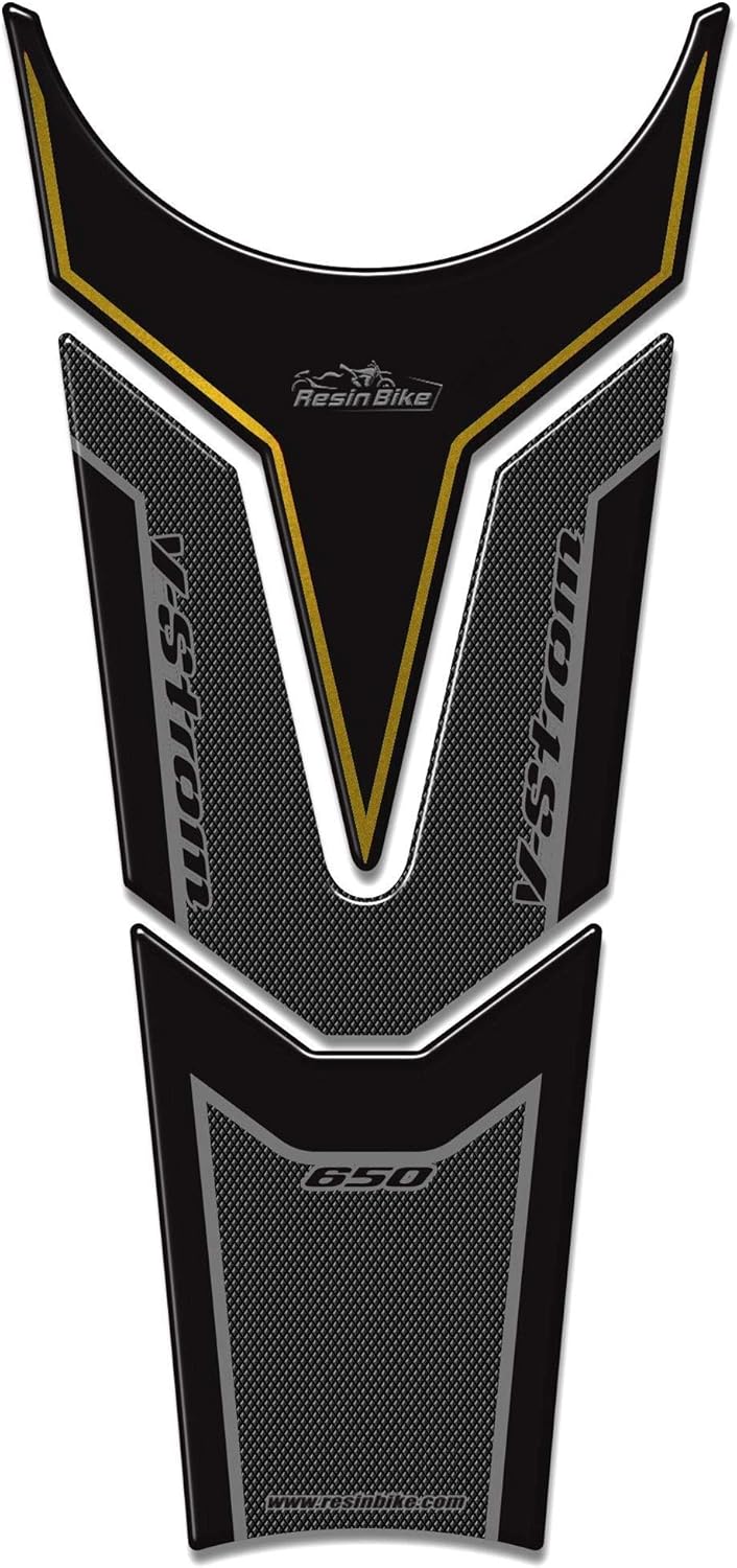 Motorcycle 3D Stickers Compatible with Suzuki V-Strom 650 XT ABS 2020 2021. Tank Protector Protection from Bumps and Scratches. Resin Stickers - Black and Gold - Made in Italy