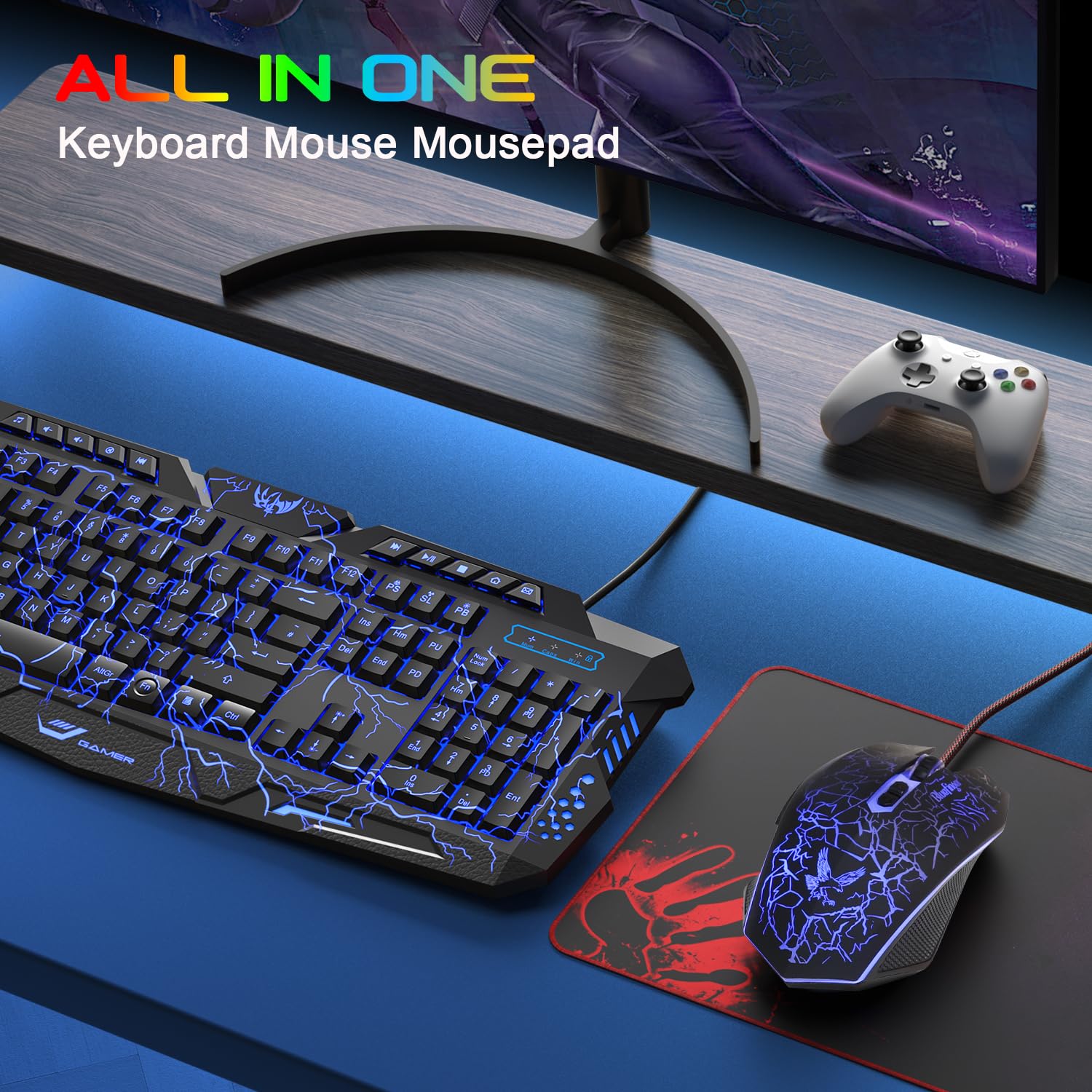 BlueFinger Tastiera e mouse da gioco con cavo USB, con retroilluminazione e tastiera combinata, lettere bagliore, retroilluminate a 3 colori, tastiera e mouse per gioco e lavoro