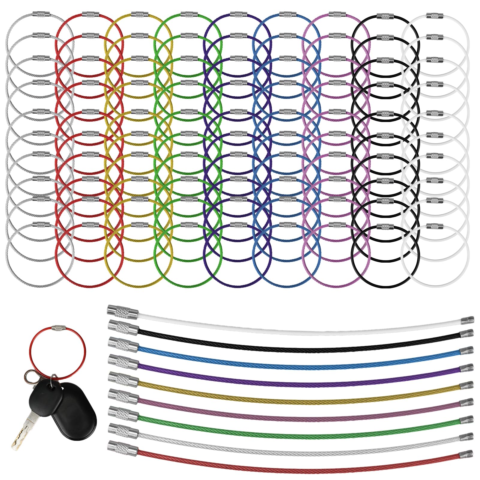 Photo 1 of Vvluvva 90 Pcs Wire Keychain Cable, 9 Color Rubber Coated Cable Key Ring Set, Luggage Tag Loops, ID Badges, Key Ring Organizer