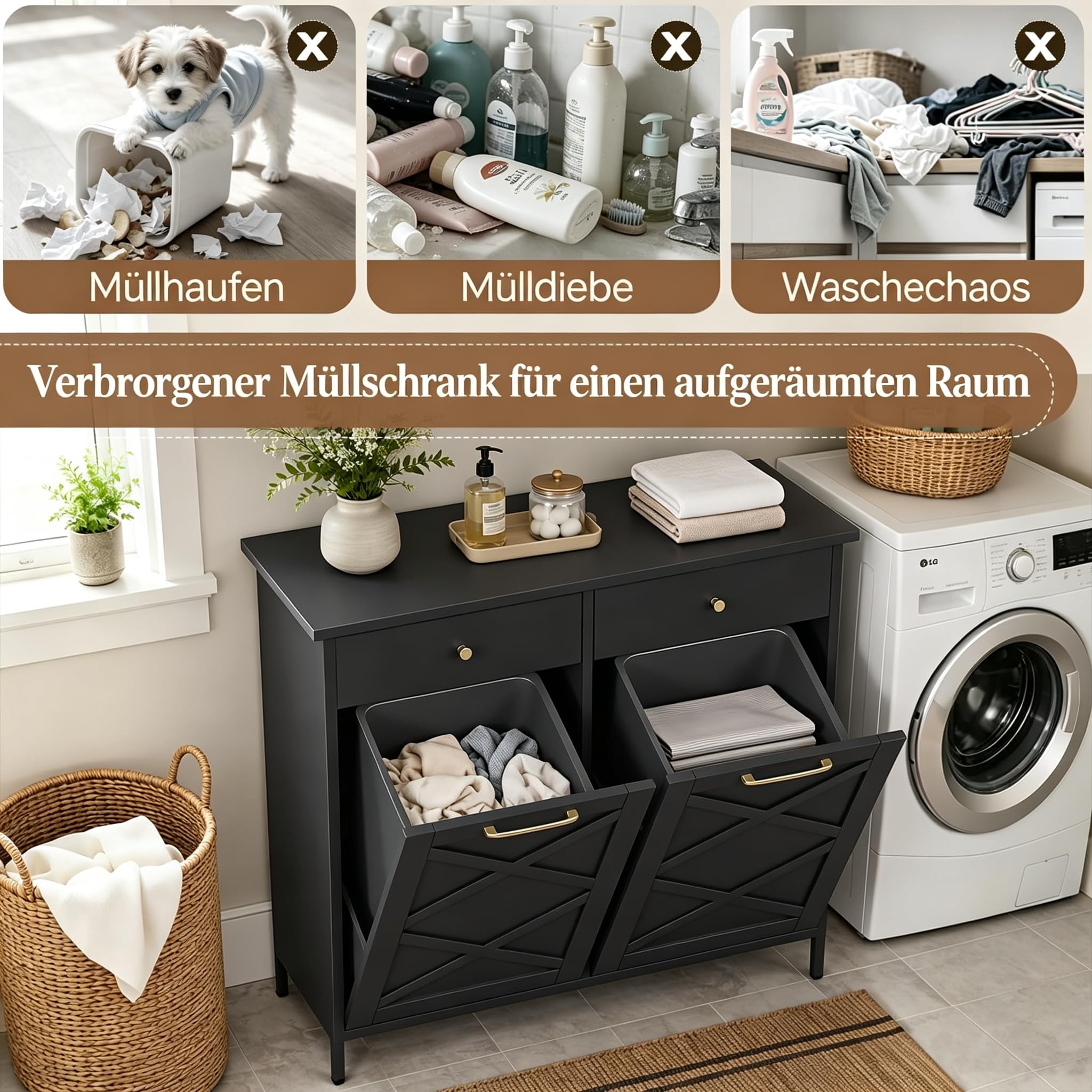 YODOLLA Mülleimer Schrank, doppelt klappbarer Küchenschrank | freistehende Kücheninsel mit Arbeitsplatte & 2 Schubladen, versteckter MüllSchrank, Küchenkommode für Küche und Wohnzimmer