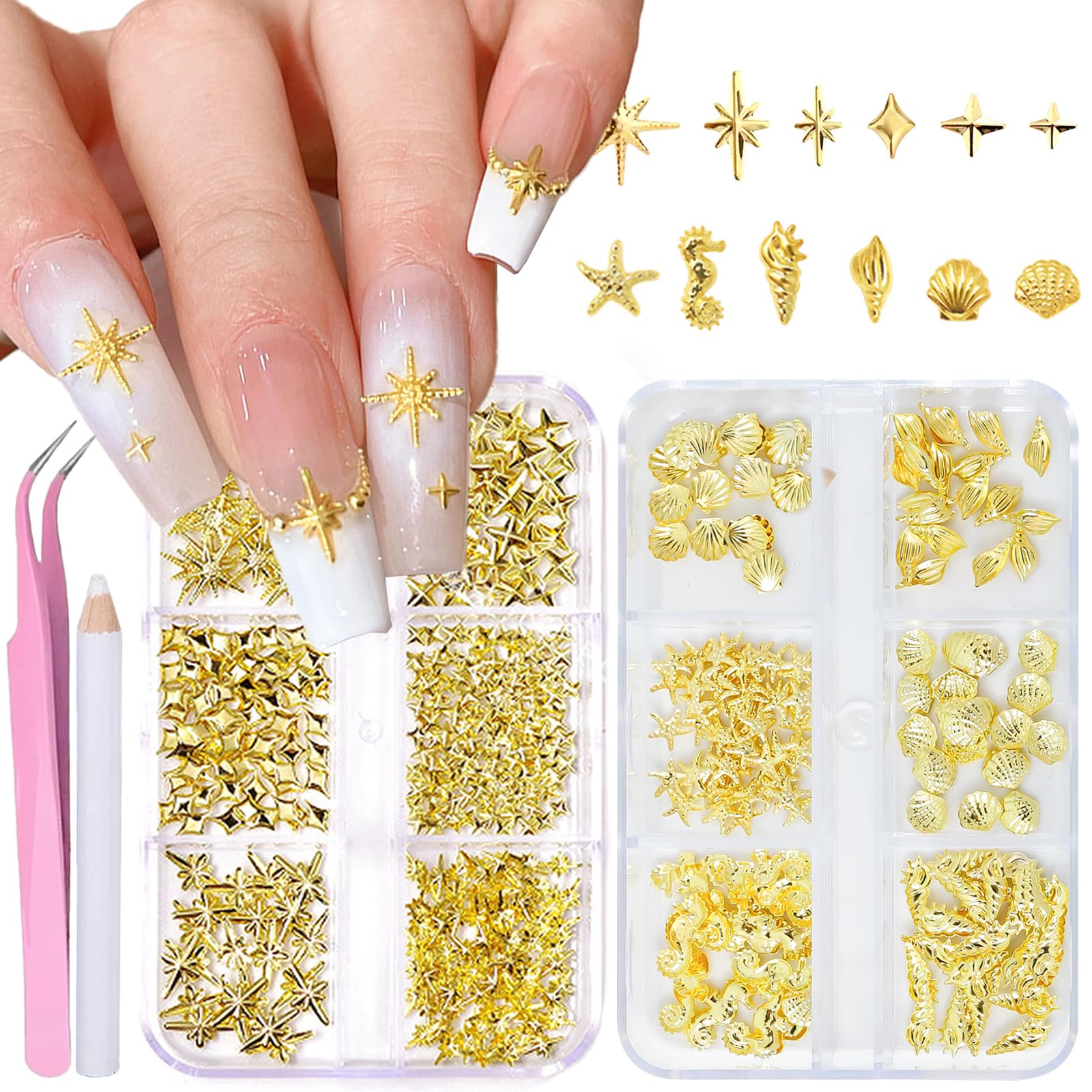 JFIYUOMCI 2 Boxes Ocean Gold Nail Charms - Starfish, Seashell, Star, Moon, Beach Nails Art Designs Jewelry, 3D Nail Rhinestones and Gems Metal Studs