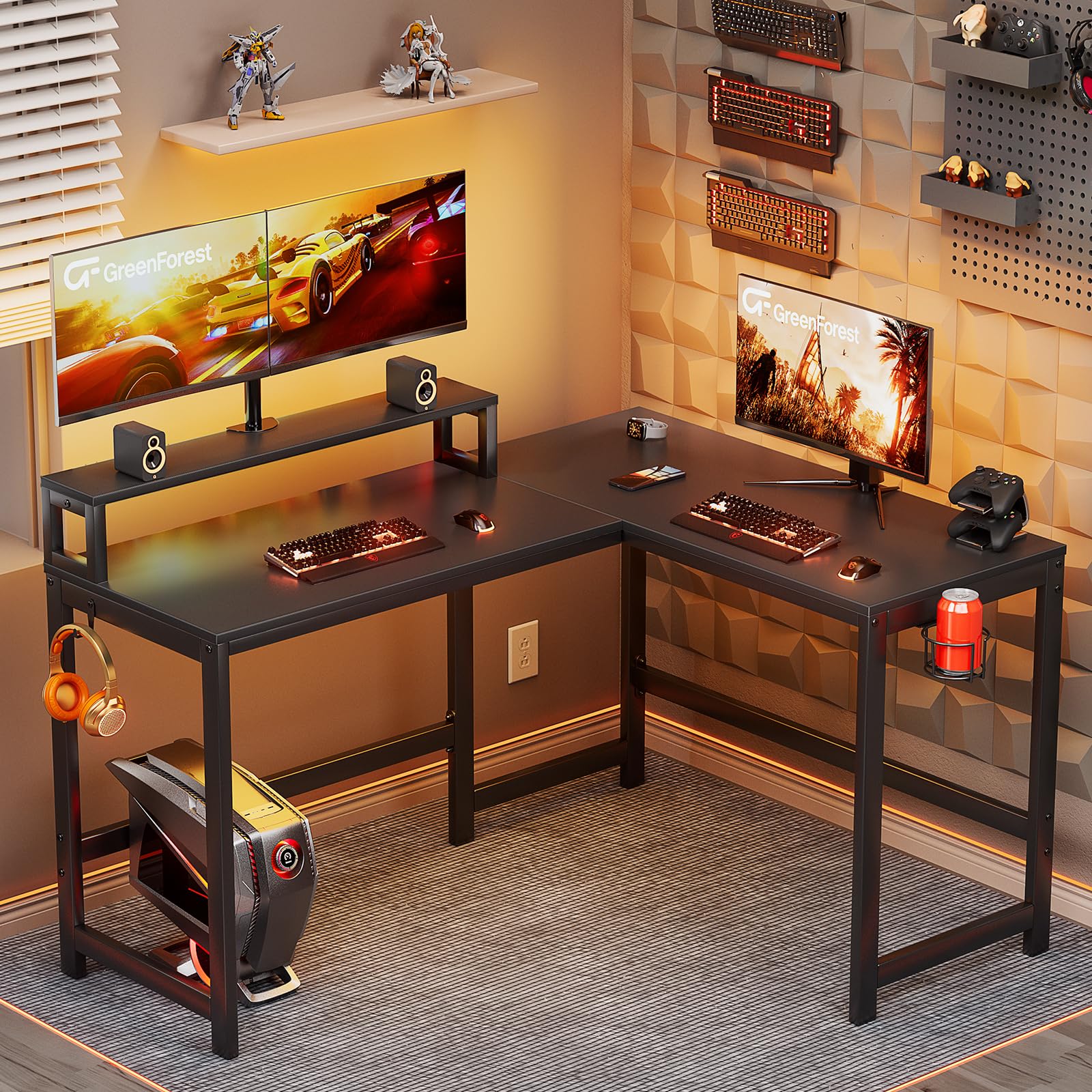 GreenForest Escritorio para juegos en forma de L con portavasos y gancho para auriculares, reversible de 128 cm para computadora con soporte para monitor
