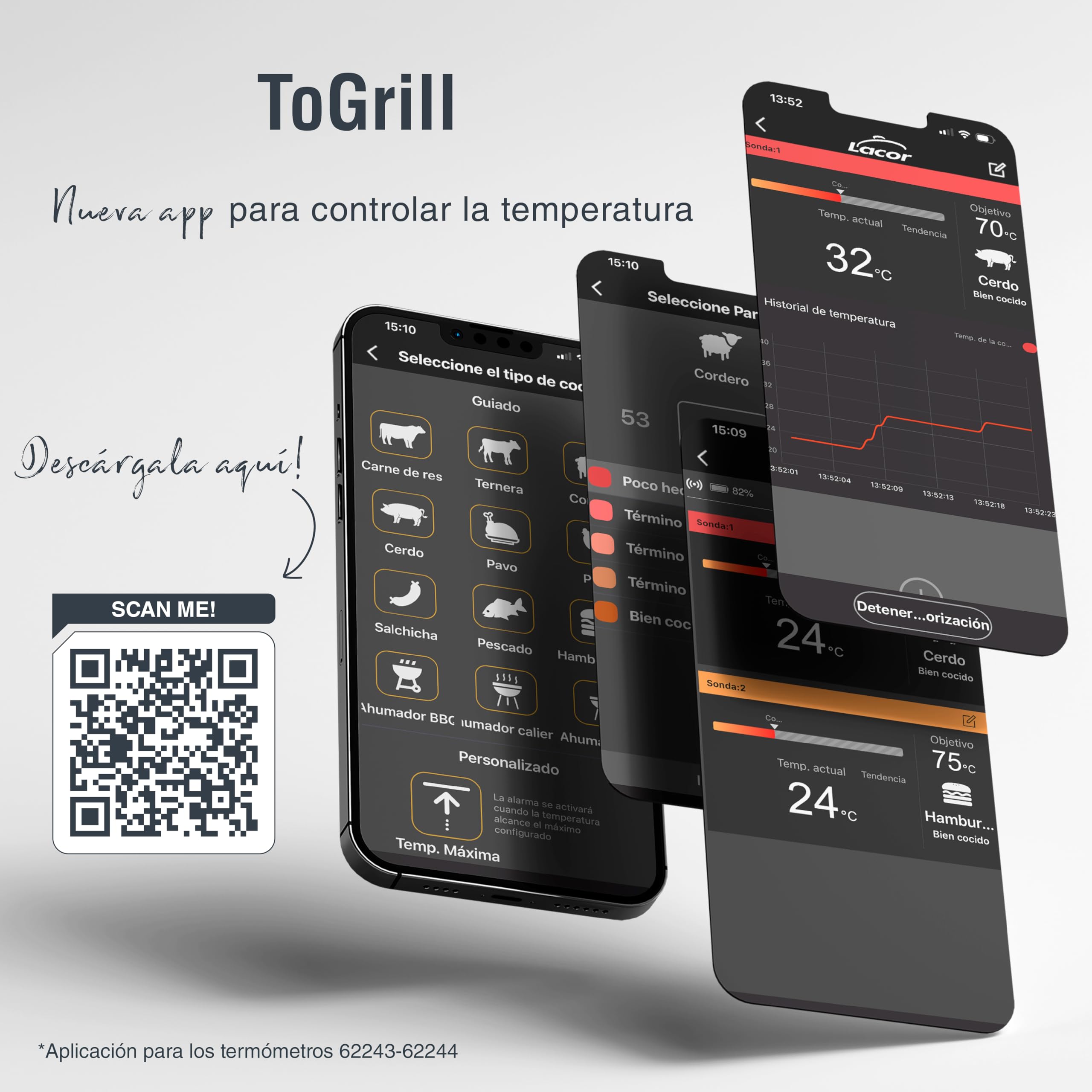 Lacor 62243 - Termómetro Bluetooth con Sonda Inalámbrica de 14 cm | En acero inoxidable, para un uso práctico y profesional en cocina; ideal para cocina profesional y uso diario en casa