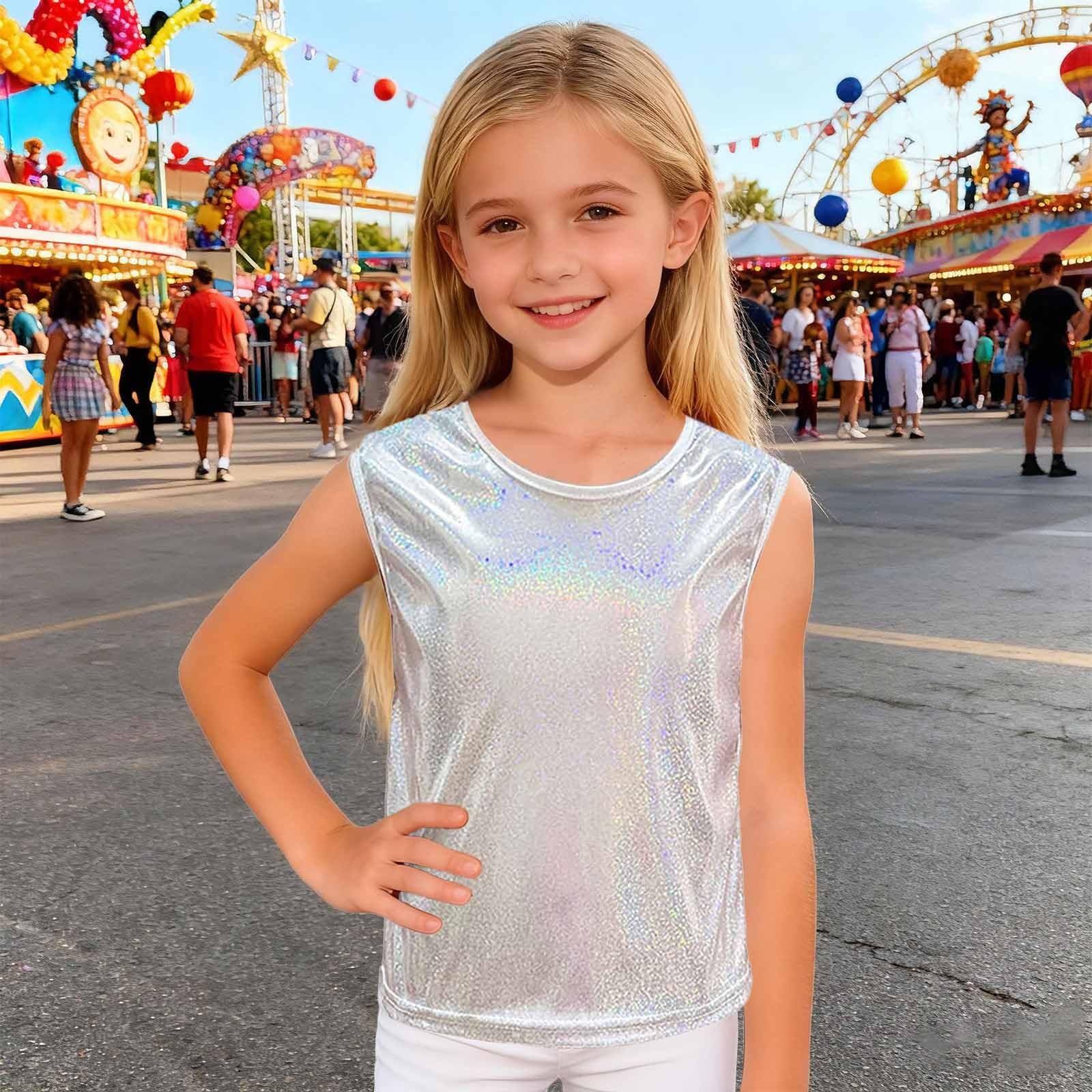 Camiseta De Baile Brillante para Niñas Sin Mangas con Un Solo Hombro Chaleco Moda Metálico para Animadoras Top De Baile Color Puro Chaleco Jazz Hip-Hop Cha-cha