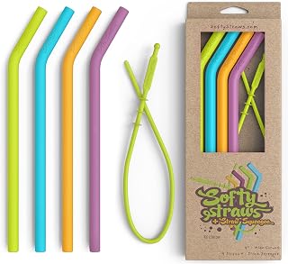 Softy Straws 9" Wide Reusable Silicone Straws with Curved Bend & Patented Squeegee - BPA-Free, Kid-Safe for Tumblers, Smoothies