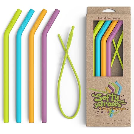 Softy Straws Premium Reusable Silicone Drinking Straws + Patented Straw Squeegee - 9” Long With Curved Bend for 20/30/32oz Tumblers - BPA Free (Non-Rubber), Flexible, Bendy, Safe for Kids / Toddlers