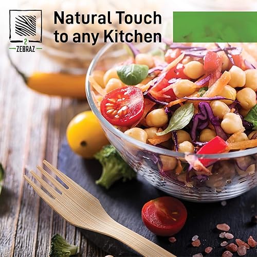 Miniatura 4 de 2ZEBRAZ - Juego de cubiertos de bambú  100 utensilios desechables (50 tenedores, 25 cuchillos, 25 cucharas)  Cubiertos suaves reutilizables, vajilla