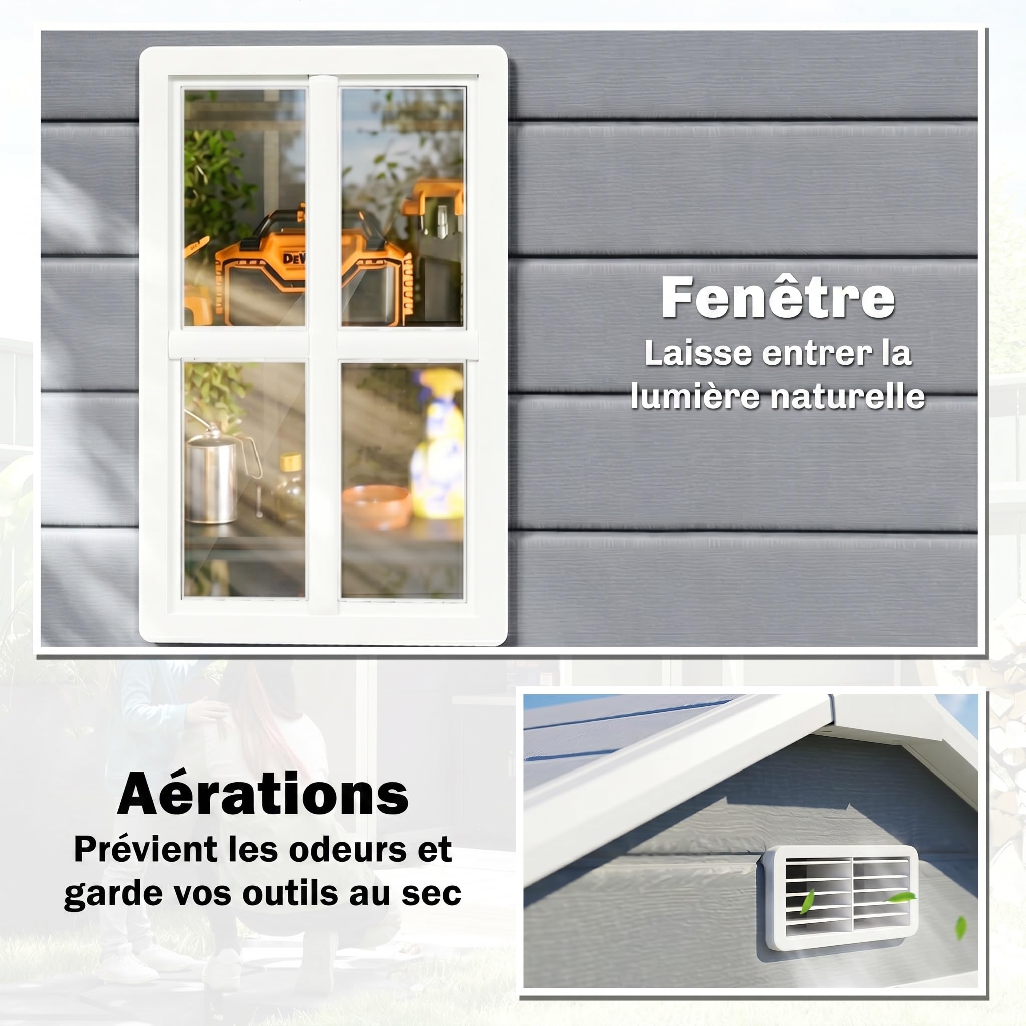 Outsunny Abri de Jardin cabanon en résine polypropylène 2,12 m² - 2 Portes 1 fenêtre et 1 Grille d'aération, Toit en Pente, Gris
