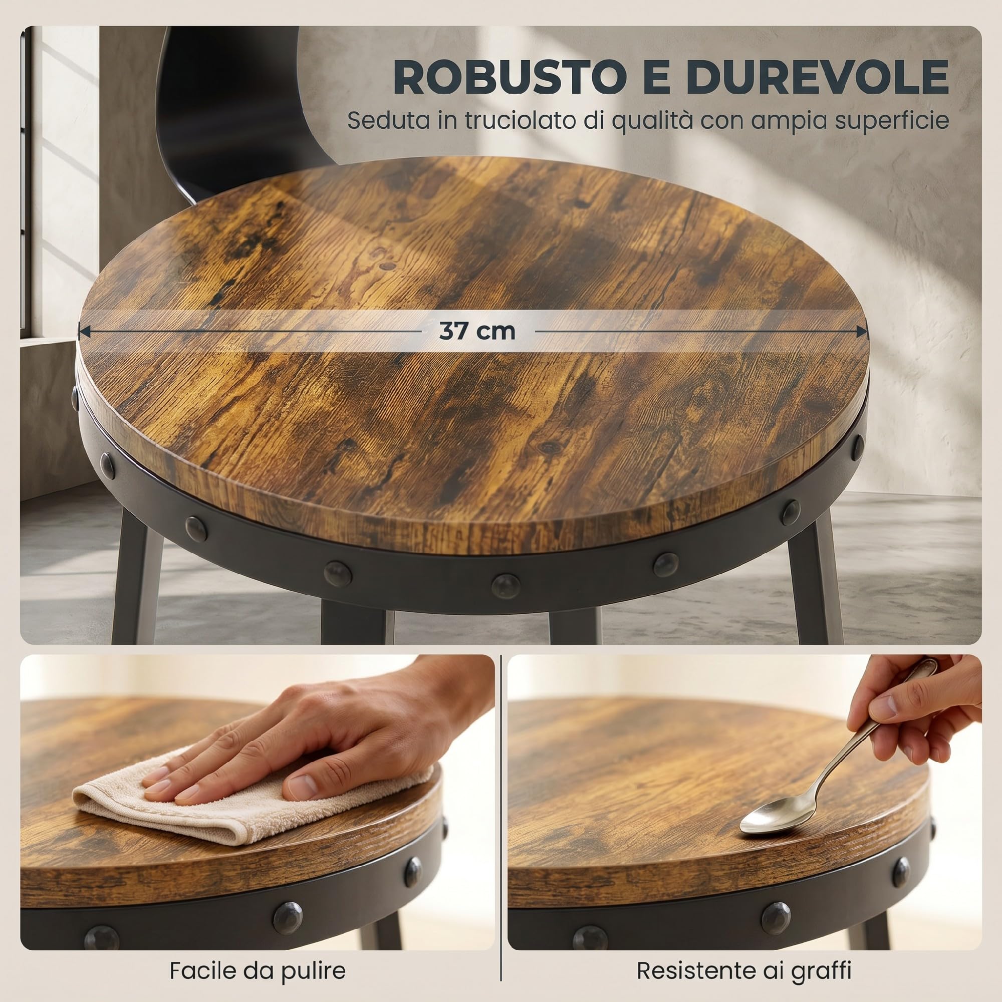 HOMCOM Set 2 Sgabelli Bar Cucina, Schienale, 73.8cm, Marrone Rustico | Industriali, Poggiapiedi, Struttura in Metallo, Sedie Alte, per Penisola, Sala da Pranzo, Bancone