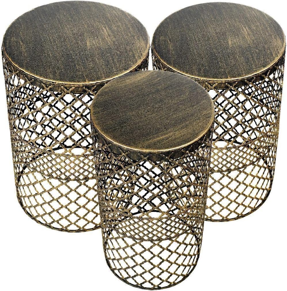 Modern 3-Piece Nesting Side Tables Set - Round MDF Tops with Gold Metal Legs, Heat-Resistant, 19.7 in (50 cm), 16.5 in (42 cm), 13.4 in (34 cm) Diameters