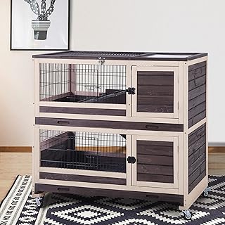 Rabbit Hutch Indoor Pet House for Small Animals, Outdoor Bunny Cage Wooden Bunny Hutch -Two Deeper Trays & Four Casters In...