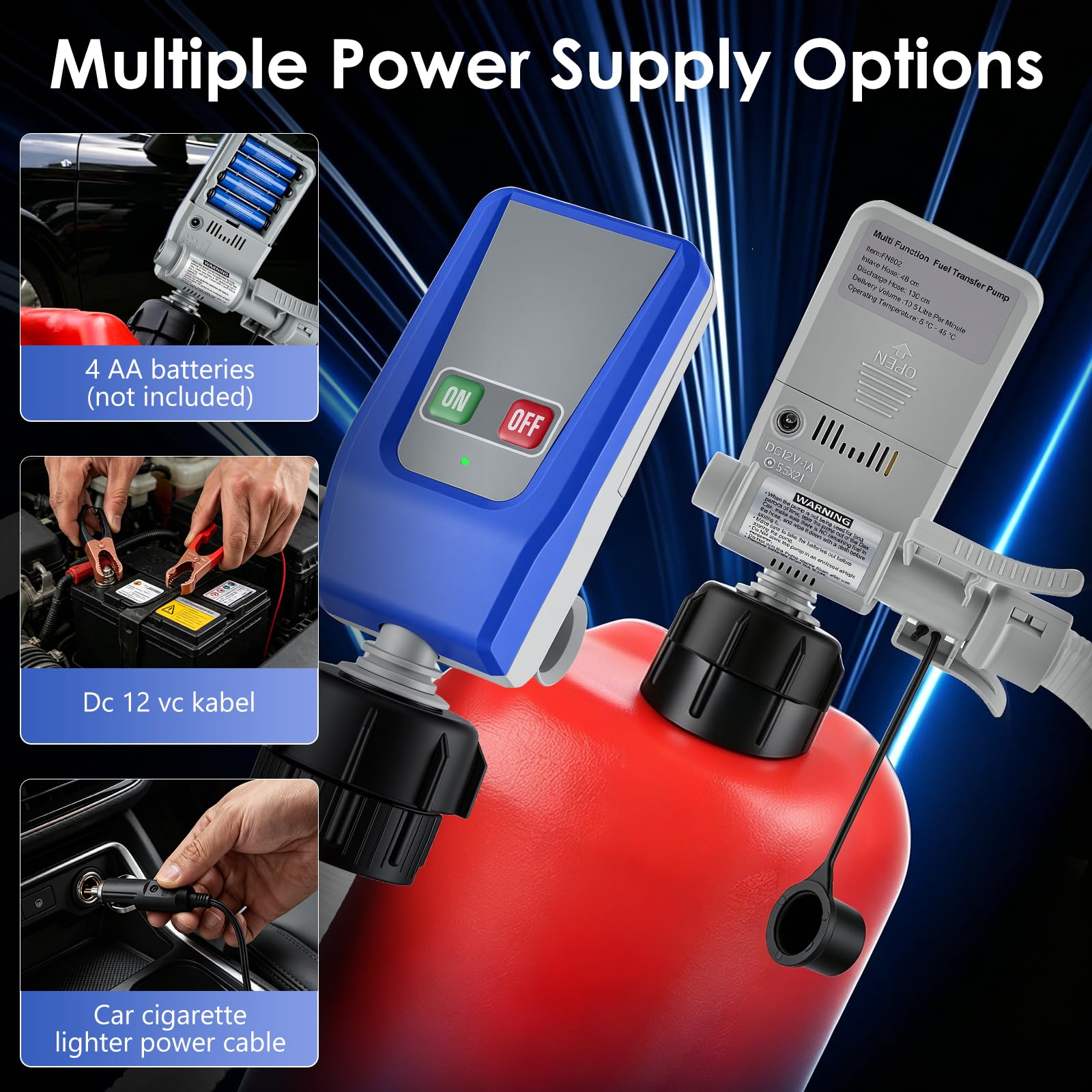 Pompa per carburante da 12V, pompa elettrica per benzina con sensore di arresto automatico e 4 adattatori, pompa diesel portatile per taniche, più fonti di alimentazione (batteria auto/AA), testa