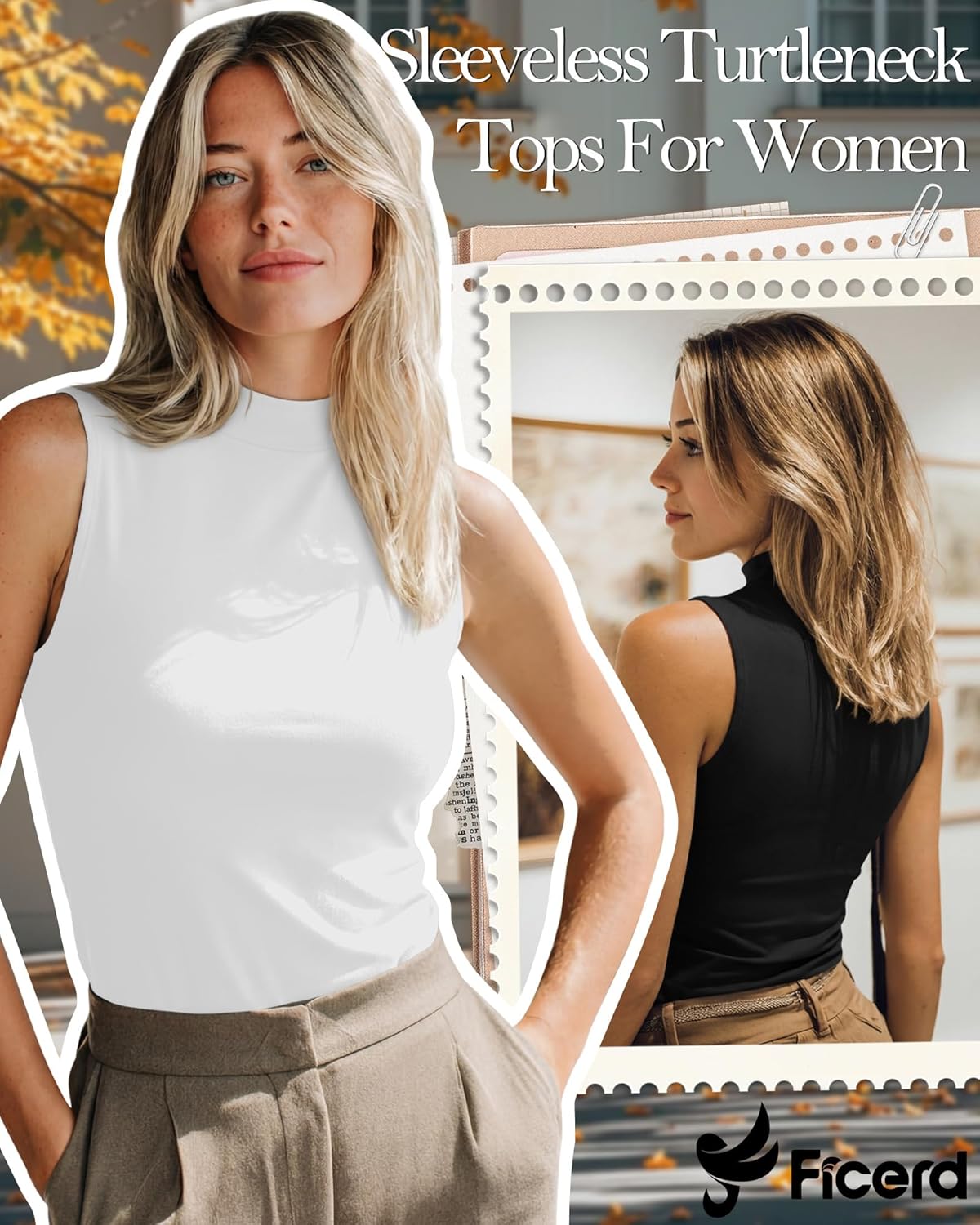 Ficerd 3 Pack Women's Sleeveless Tank Tops, Mock Neck Summer Shirts Slim Fit Stretch Basic Tops Lightweight Knit Tee