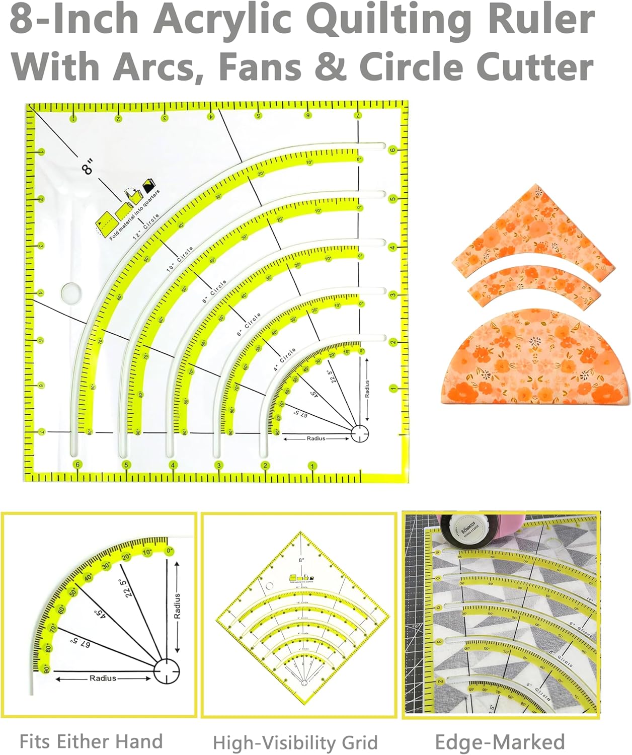 Quilting Kit with Quilting Ruler Holder, Rotary Cutter, Curved Corner Cutter Quilting Ruler, Slotted Quilting Ruler, Arcs Fans Quilt Circle Cutter Ruler, Non Slip Ruler Grip Rings, Heat Erasable Pens