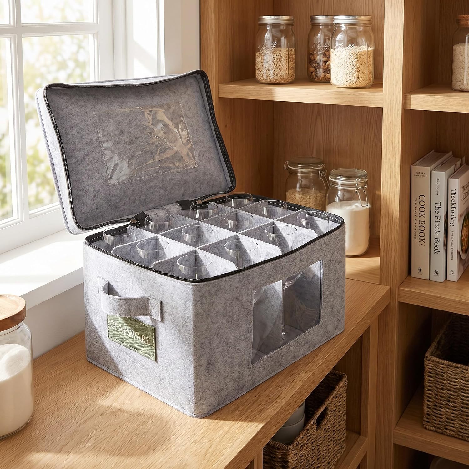 Stemware Storage Case for Wine Goblets with 12 Independently Divided Compartments, Felt Material, Smooth Zipper, Portable Wine Glass Storage Box with Lid and Handles for Moving