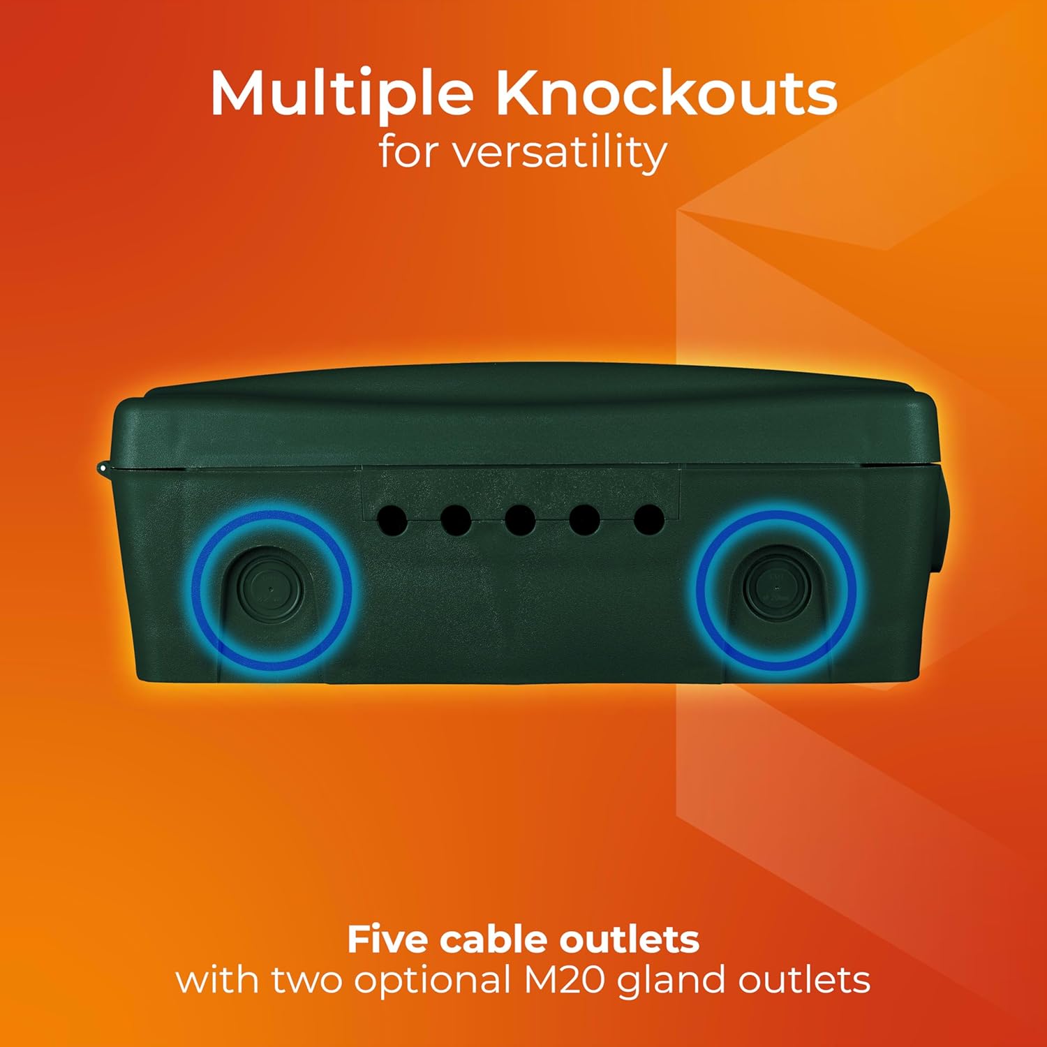 ด้านล่าง view of the Masterplug Weatherproof Box, highlighting the five cable outlets and two optional M20 gland knockouts.