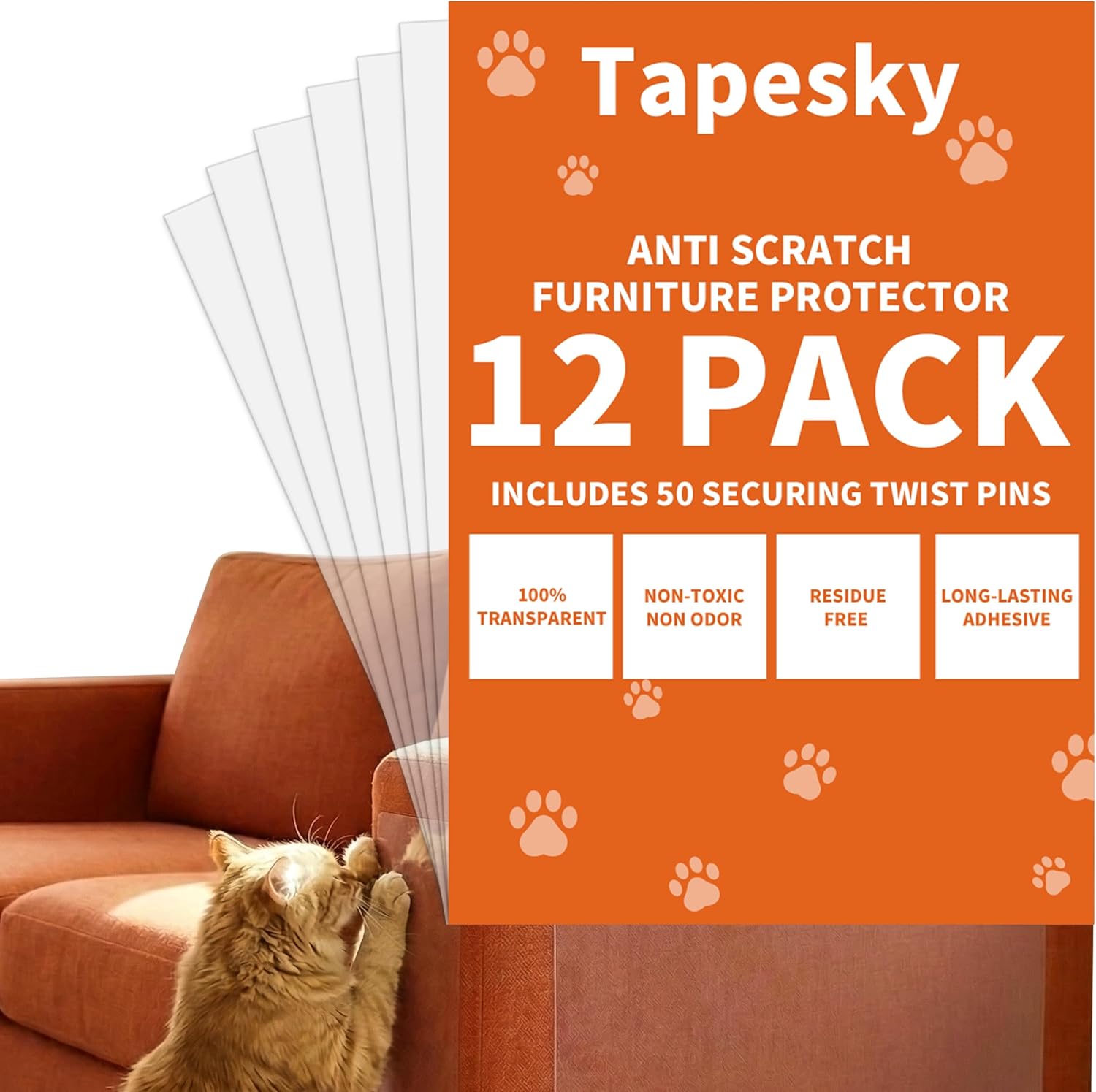 12 Pack Cat Scratch Furniture Protector, Clear Sofa Protector with No Odor, Child & Pet Friendly, Single-Sided Couch Protector from Cats Claws with No-Residue for Sofa, Door & Bed, 50 Twist Pins