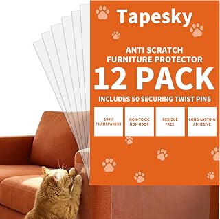 12 Pack Cat Scratch Furniture Protector, Clear Sofa Protector with No Odor, Child & Pet Friendly, Single-Sided Couch Protector from Cats Claws with No-Residue for Sofa, Door & Bed, 50 Twist Pins