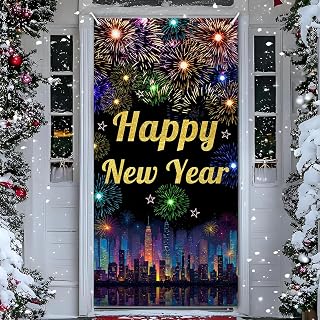 New Years Eve Door Backdrop for 2026, Colorful Fireworks Happy New Year Party Decor Great New Yeras Decorations for Outdoor Indoor Home Wall 5.9x3.6ft