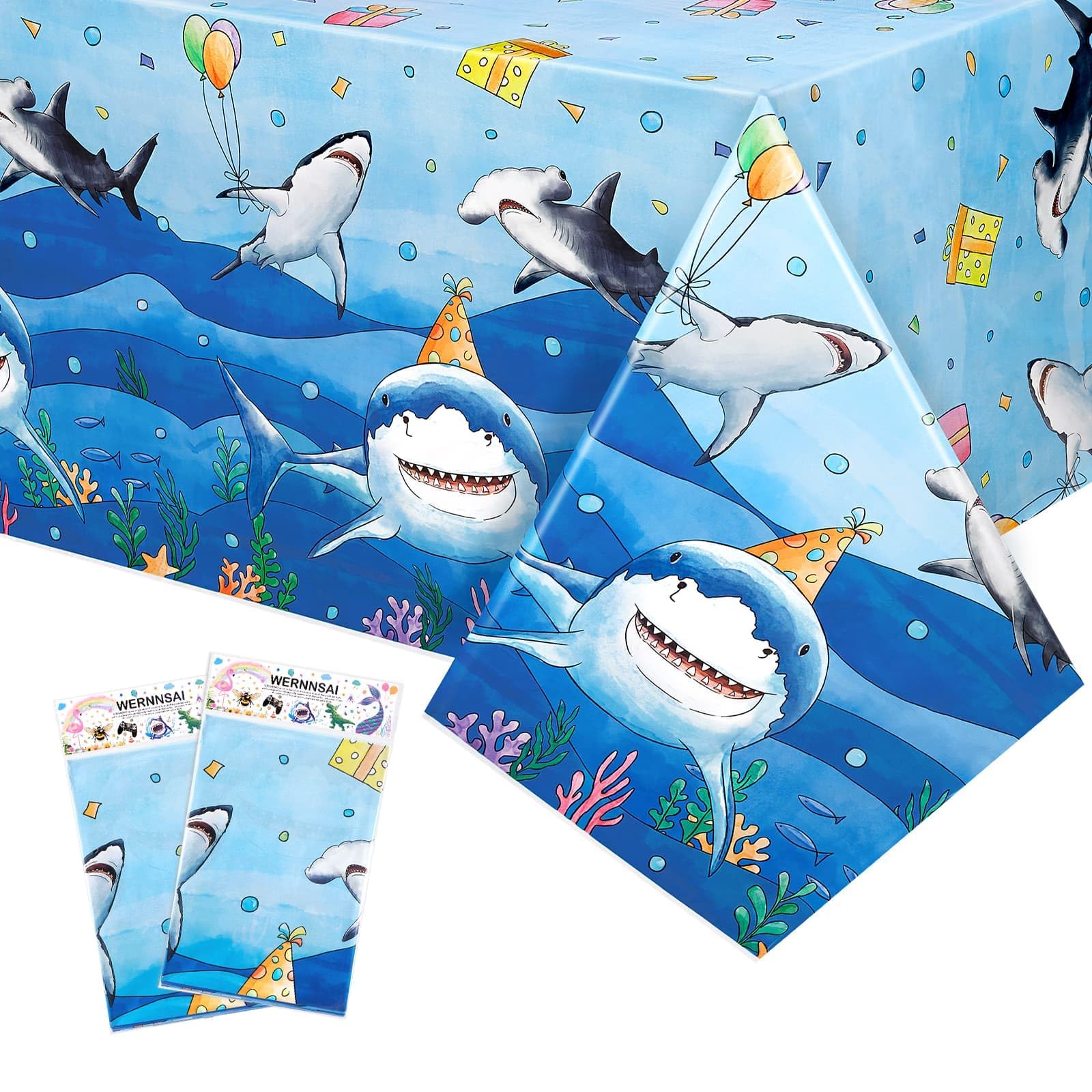 Photo 1 of WERNNSAI Shark Tablecloth - 2 Pack 108"x54" Blue Ocean Table Cover