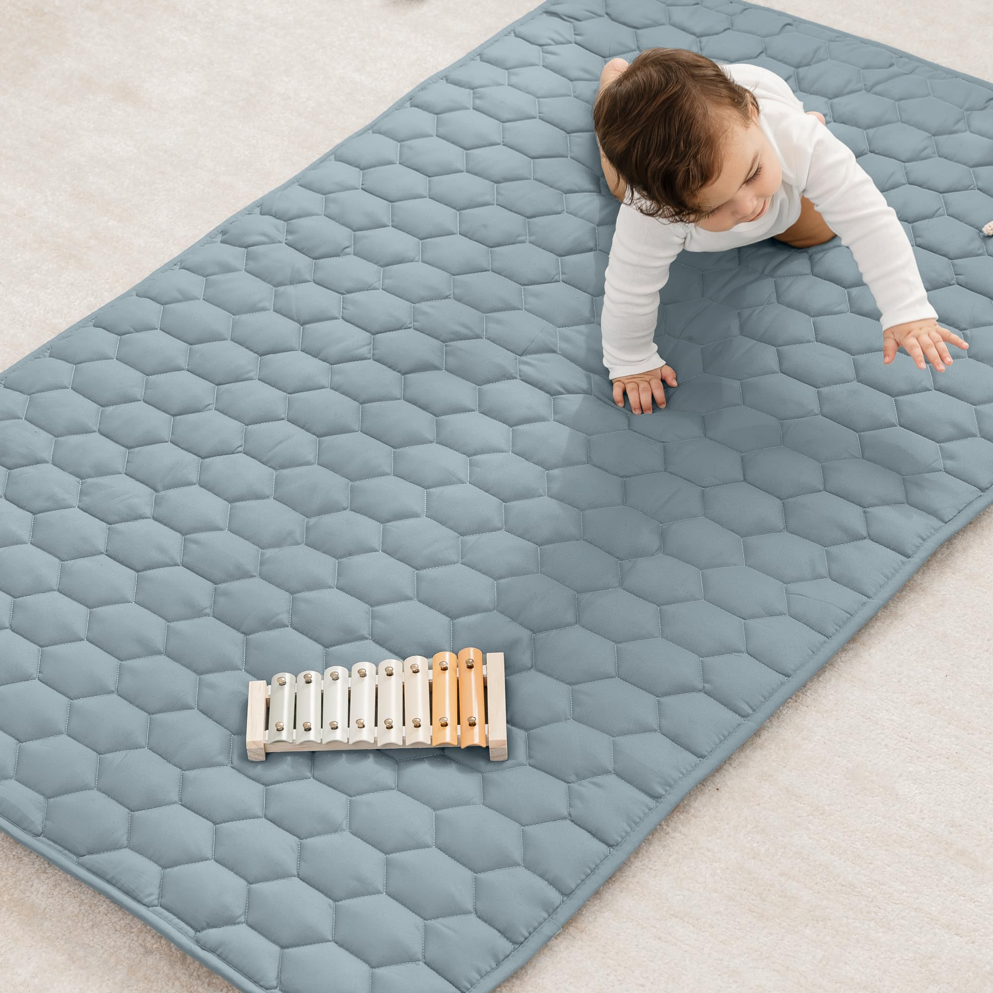 Comfy CubsRectangle Kids Play Mat - Small 36 x 60 inches Soft Quilted Baby Floor Mat with Non-Slip Bottom - Plush Design for Toddlers' Playtime and Relaxation - Comfortable and Durable - Pacific Blue