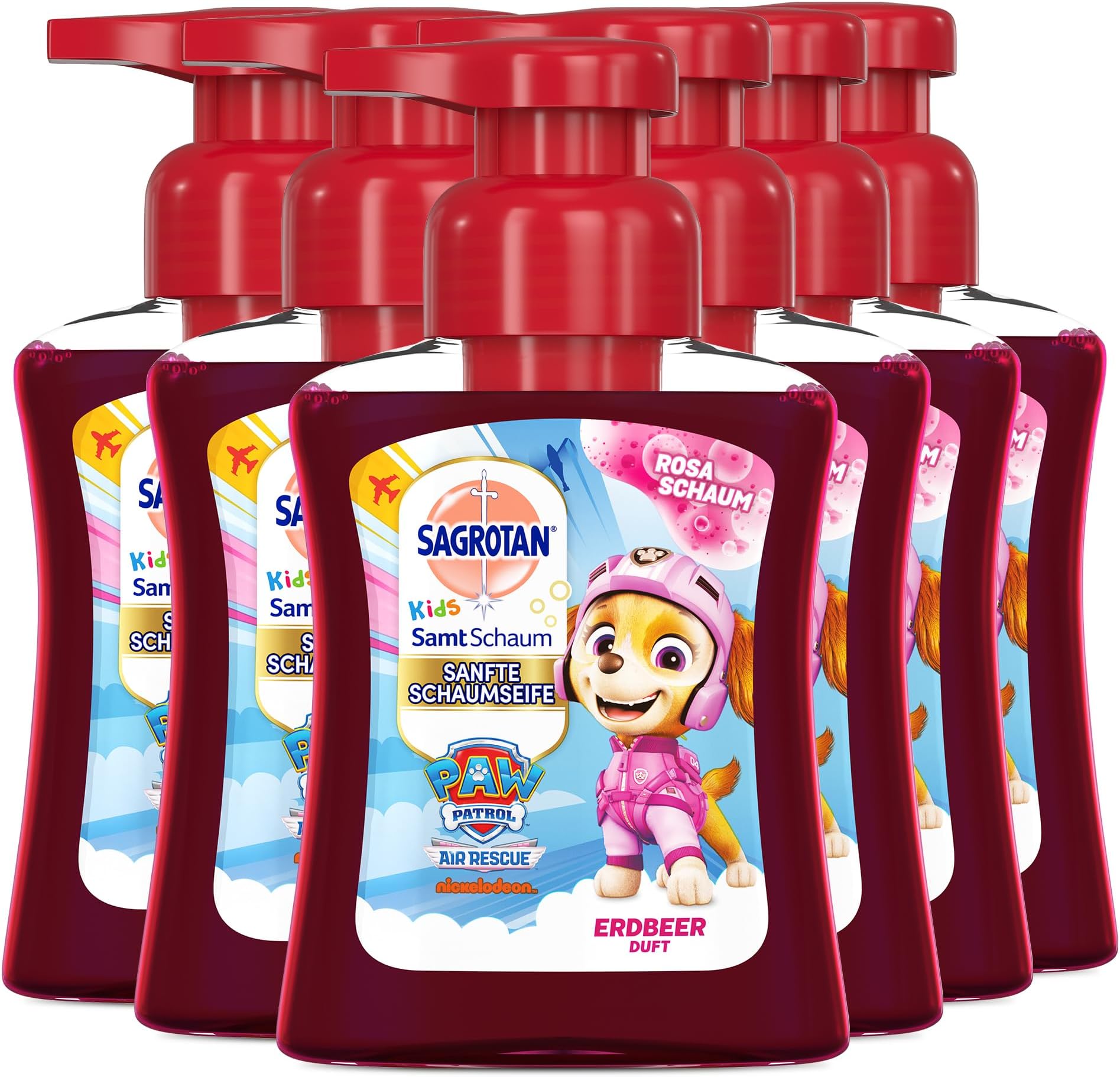 Kids Velvet Foam Soap Strawberry - Paw Patrol Edition - Foam Soap with Coloured Foam in Soap Dispenser ( 6 x 250 ml ) Pack of 6 (1 Pack)