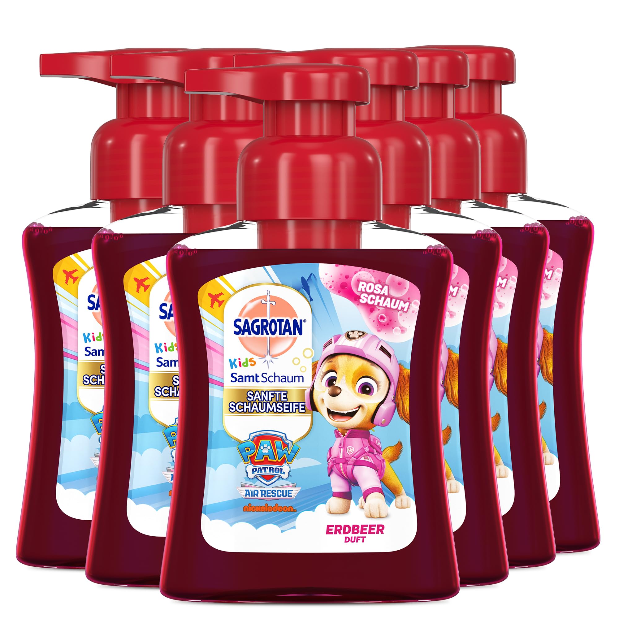 Kids Velvet Foam Soap Strawberry - Paw Patrol Edition - Foam Soap with Coloured Foam in Soap Dispenser ( 6 x 250 ml ) Pack of 6 (1 Pack)