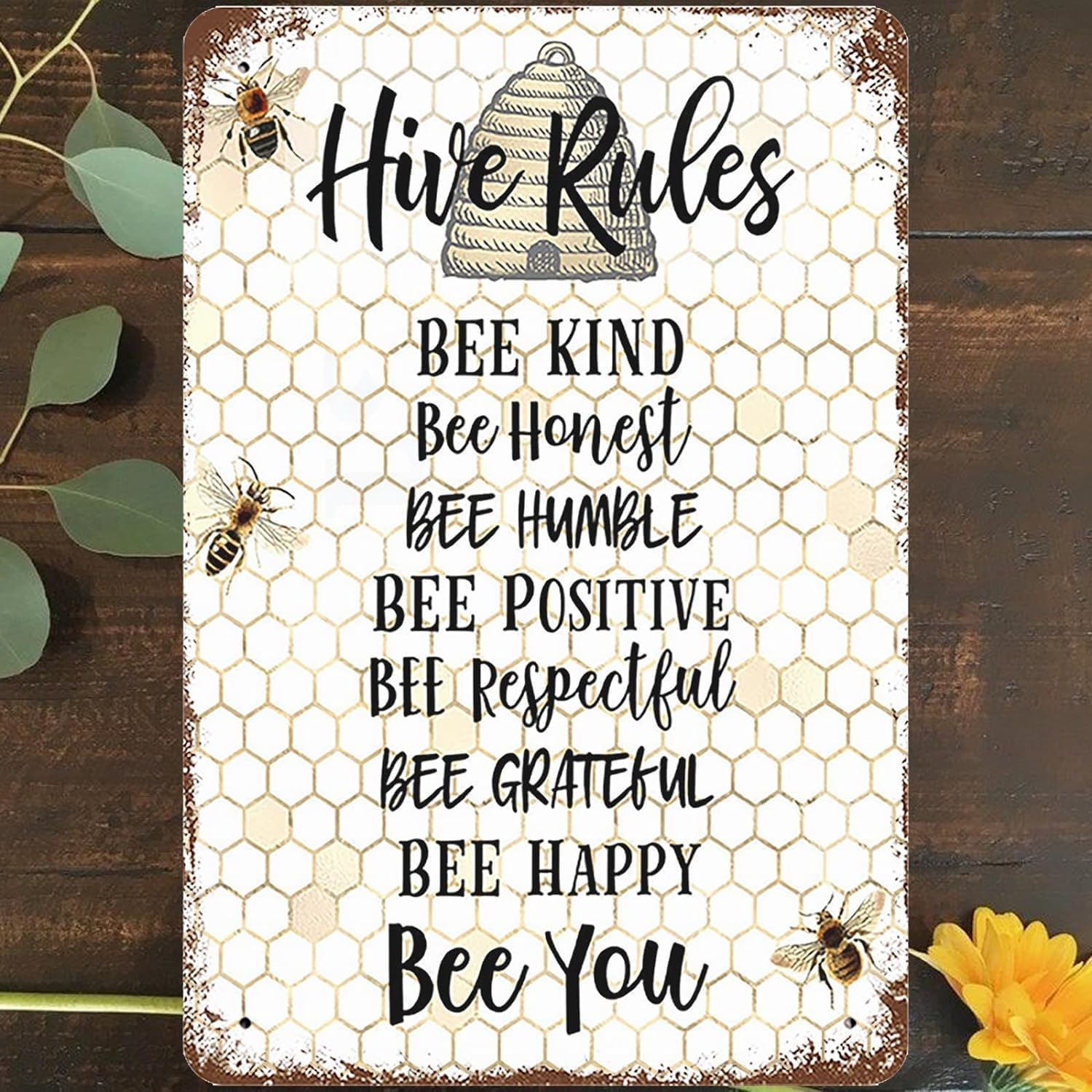 Kwqdozf Tin Sign-7 12X16inch Hive Rules Vintage Metal Aluminum Tin Sign Door Signs 12X16 Inch