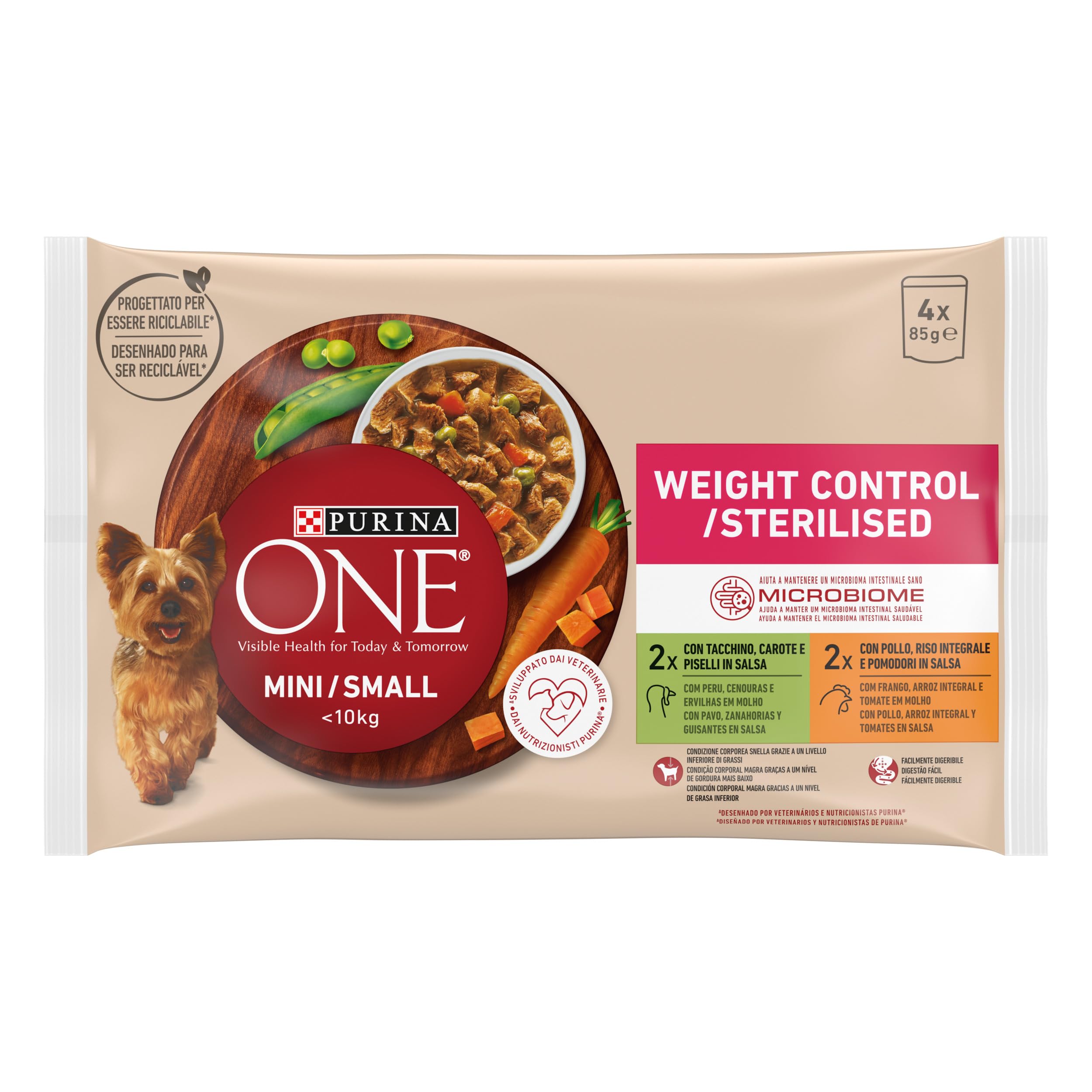 Purina ONE Mini <10kg Comida húmeda para Perro pequeño Light, Control de peso con Pavo y Cerdo, 12 packs de 4 sobres de 85g - 48 sobres