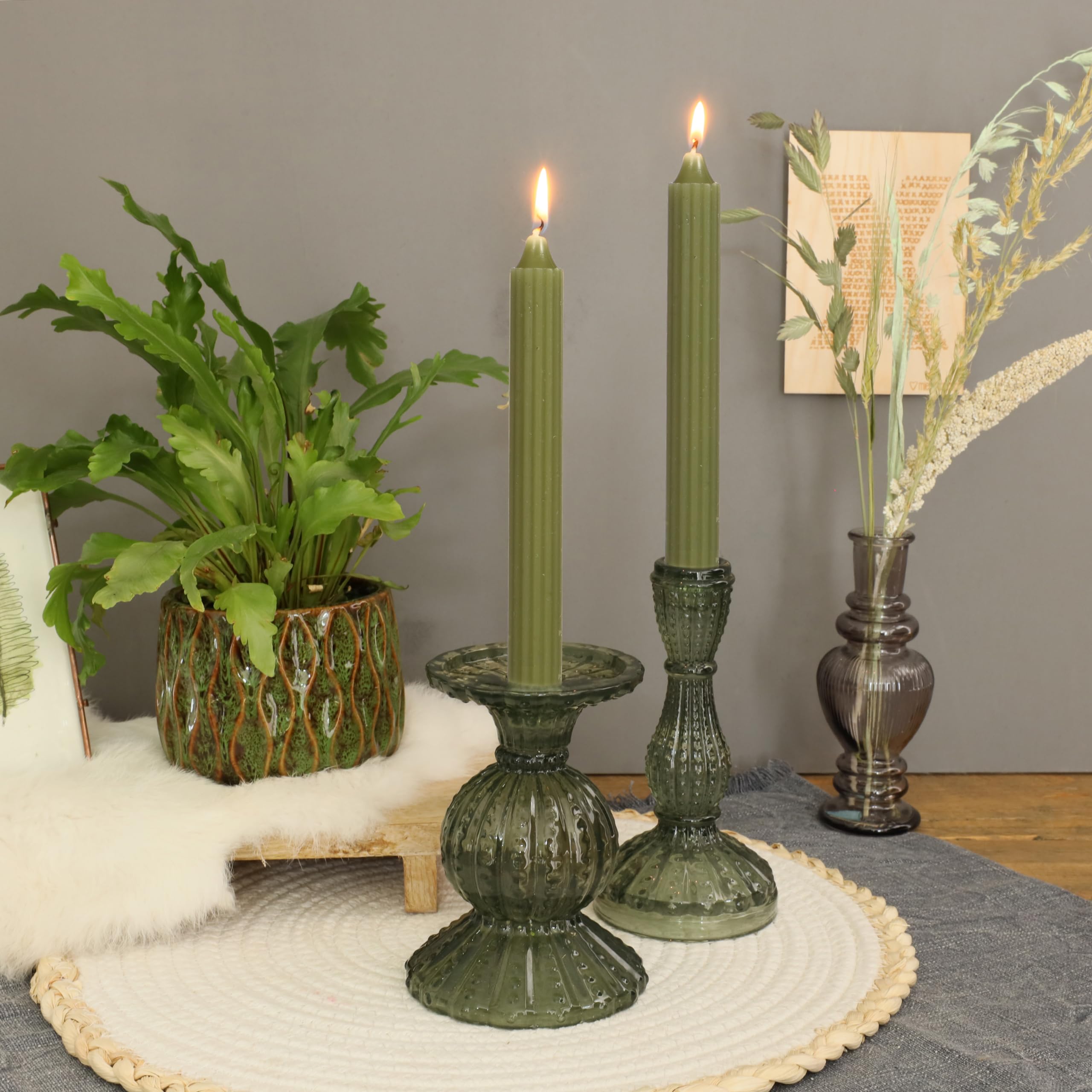 comforder COMFORDER Taper Candles Set, 4 x Table Candles Plain + Ribbed, 20 cm, 7 Hours Burning Time (Moss Green) - Image 2