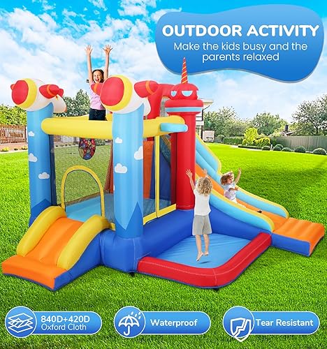 Miniatura 3 de Casa de rebote inflable Commowner con tobogán de agua, combo de castillo hinchable 7 en 1 con piscina de agua y área de rebote y toboganes y juego