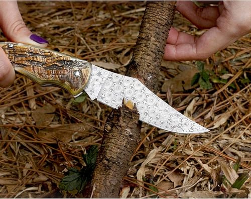 Miniatura 7 de YOUSUNLONG Navaja de bolsillo  Cuchillo plegable  Total 8.071 in  Hoja de acero de Damasco japonés  Mango de cuerno de antílope natural con funda de