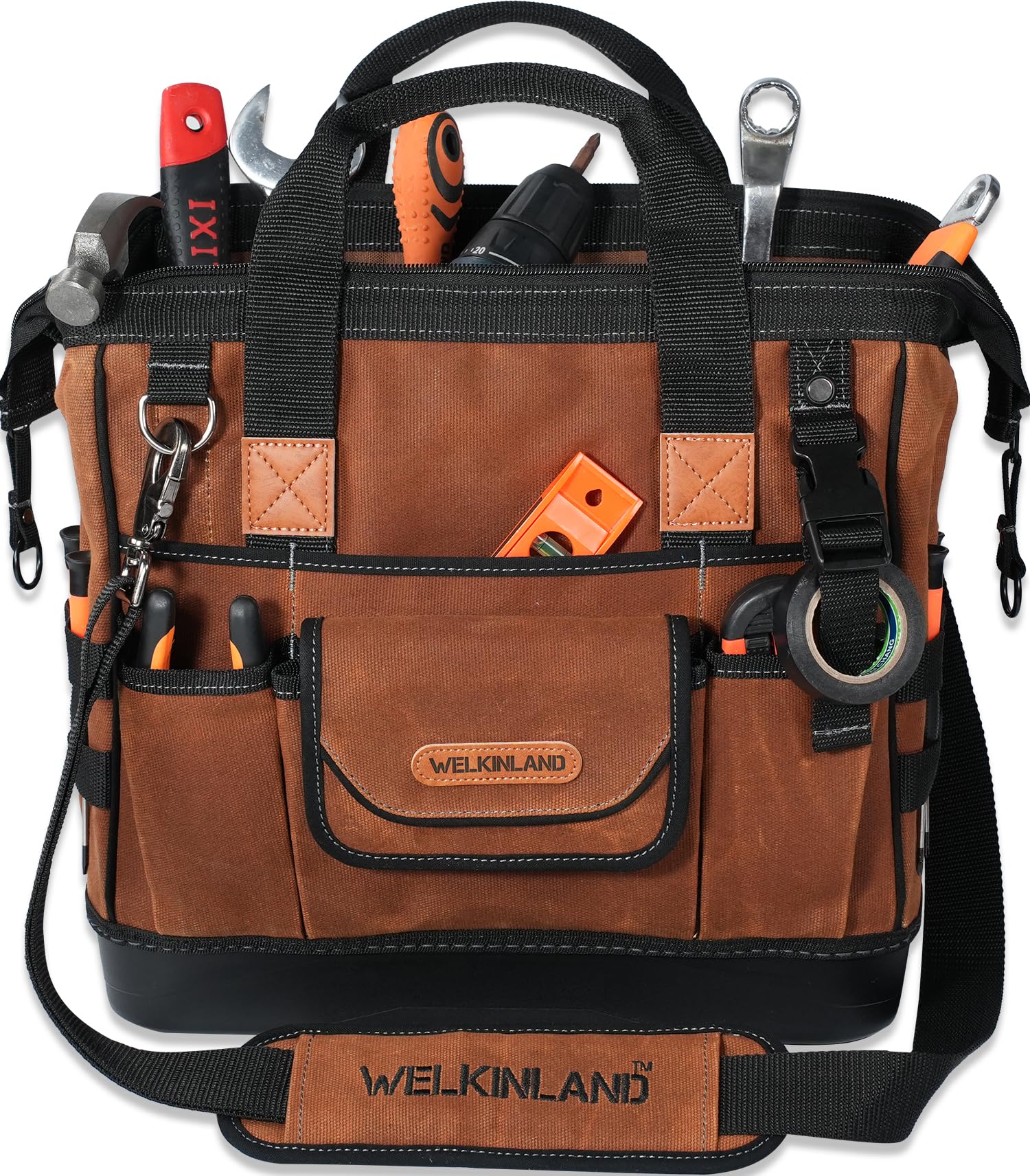 WELKINLAND 22-Pockets Hard Bottom Tool Bag 14-Inch Waxed Canvas Tools Bag 25L Heavy Duty Electrician Bags HVAC Service